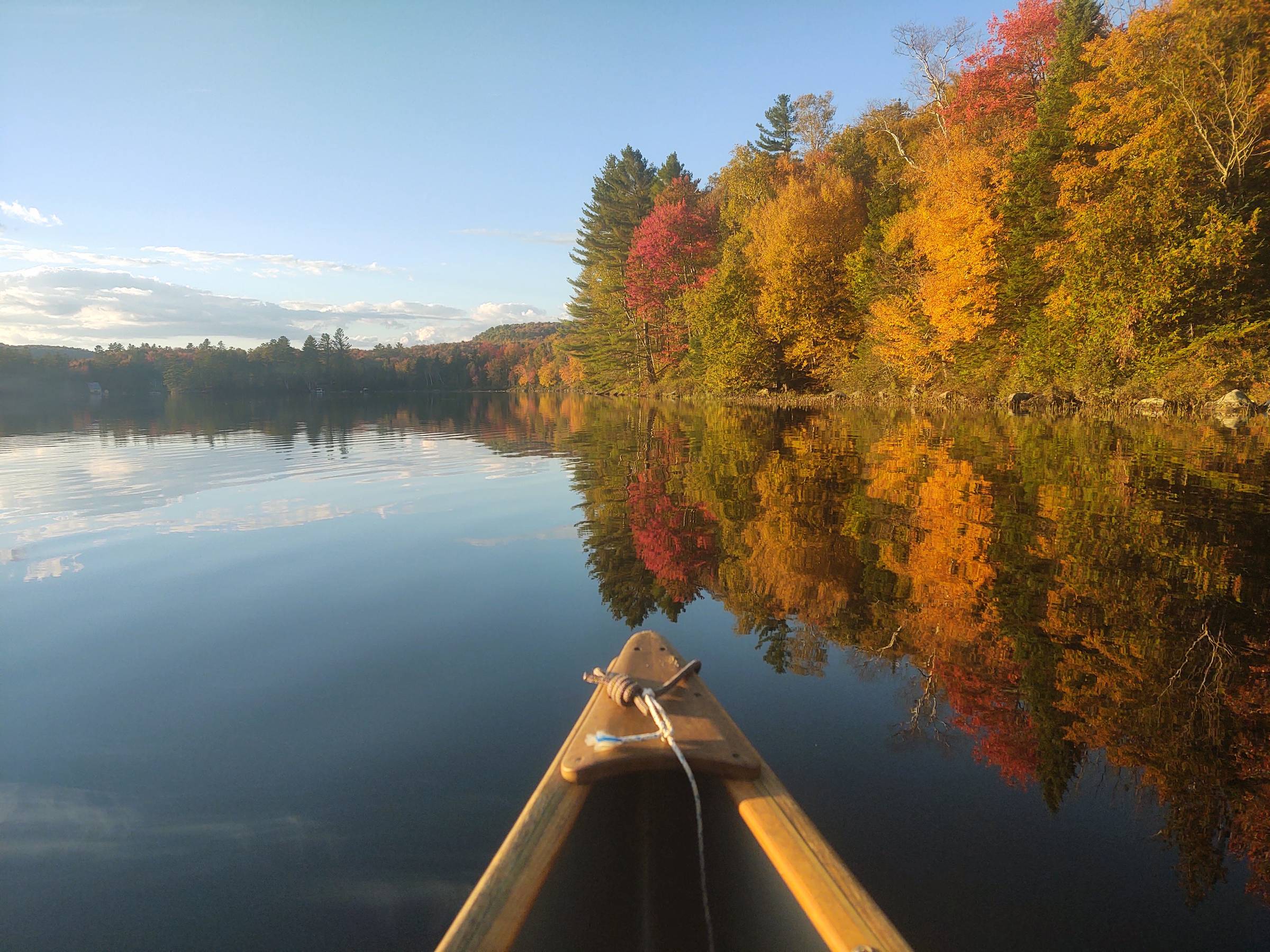 Canoe in the water, facing an autumnal tree-line with red, orange, yellow, and green trees.