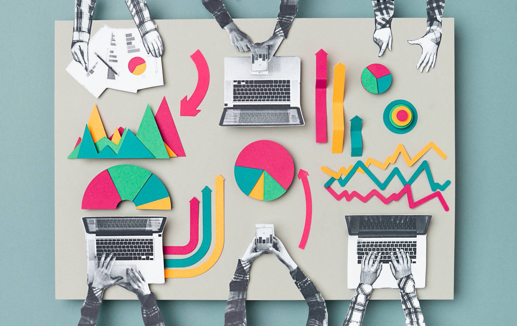 A cartoon-like sketch of hands on laptops and different charts by CACTUS Creative Studio/Stocksy on Adobe Stock