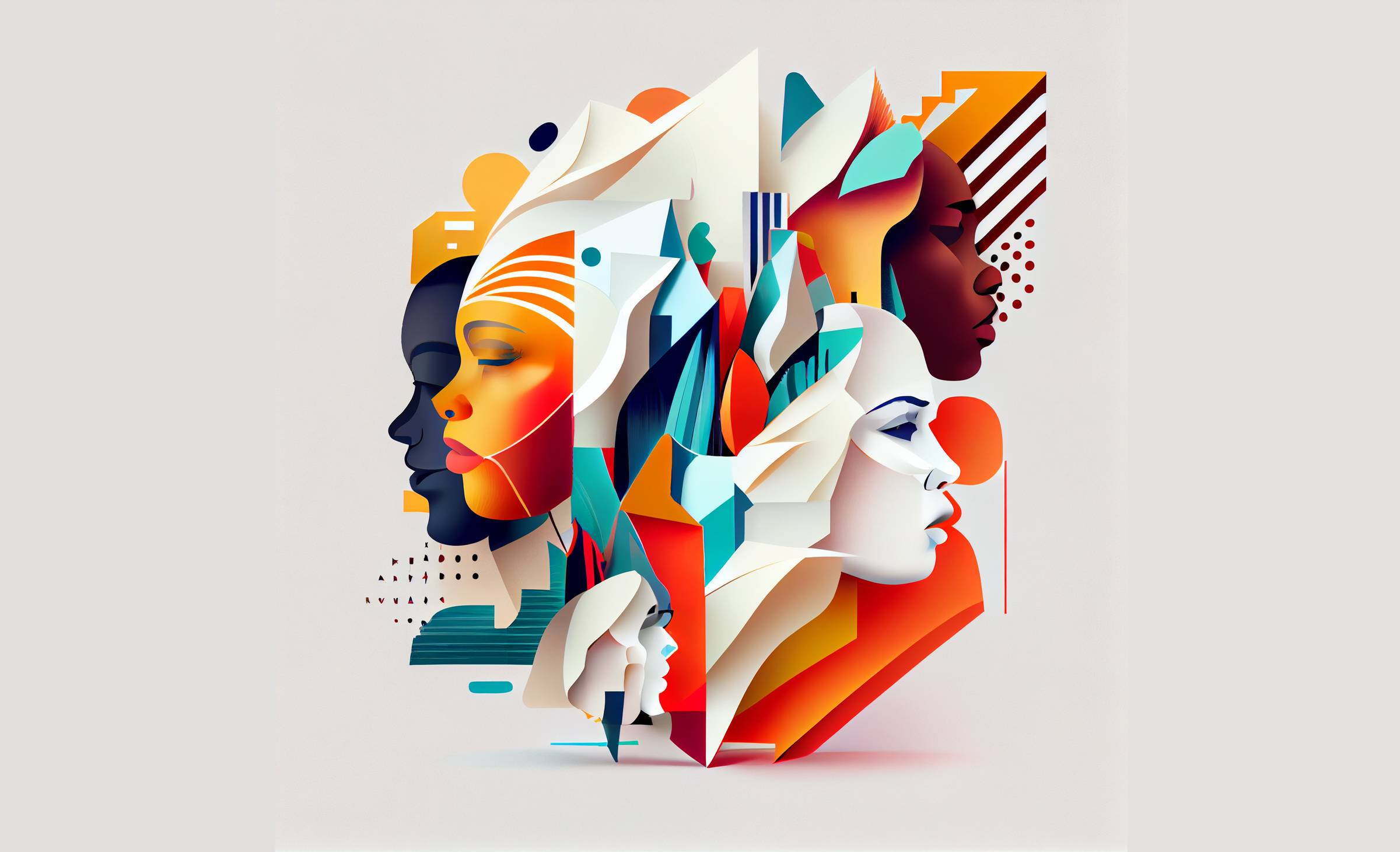 Abstract and futuristic illustration of women with different skin tones facing different directions