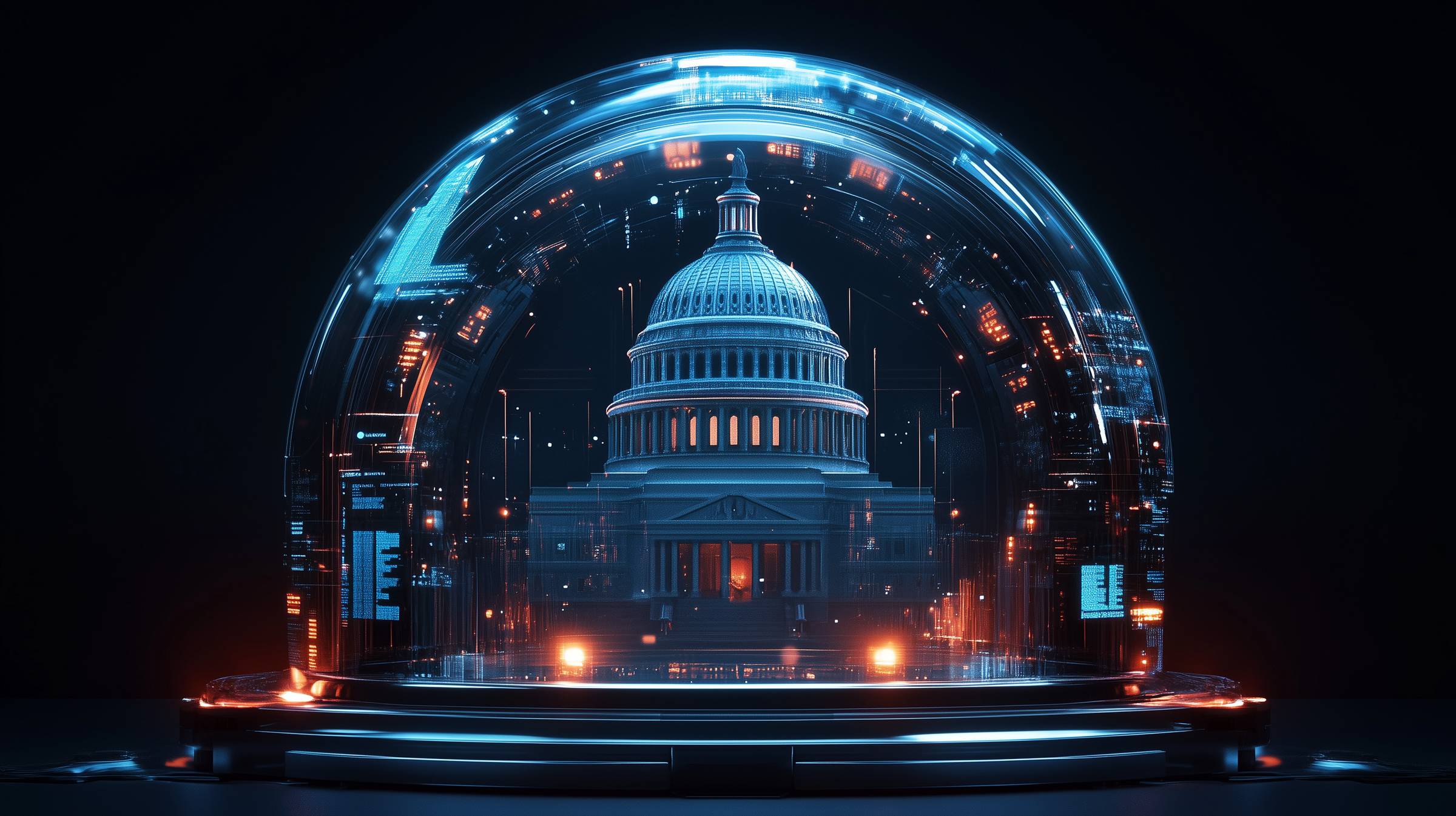 The U.S. Capitol Enclosed in a Futuristic Glass Dome with technological lights reflected on a dark background– Symbolizing Government Isolation, Digital Surveillance, Cybersecurity, and the Technological Shielding of Political Power