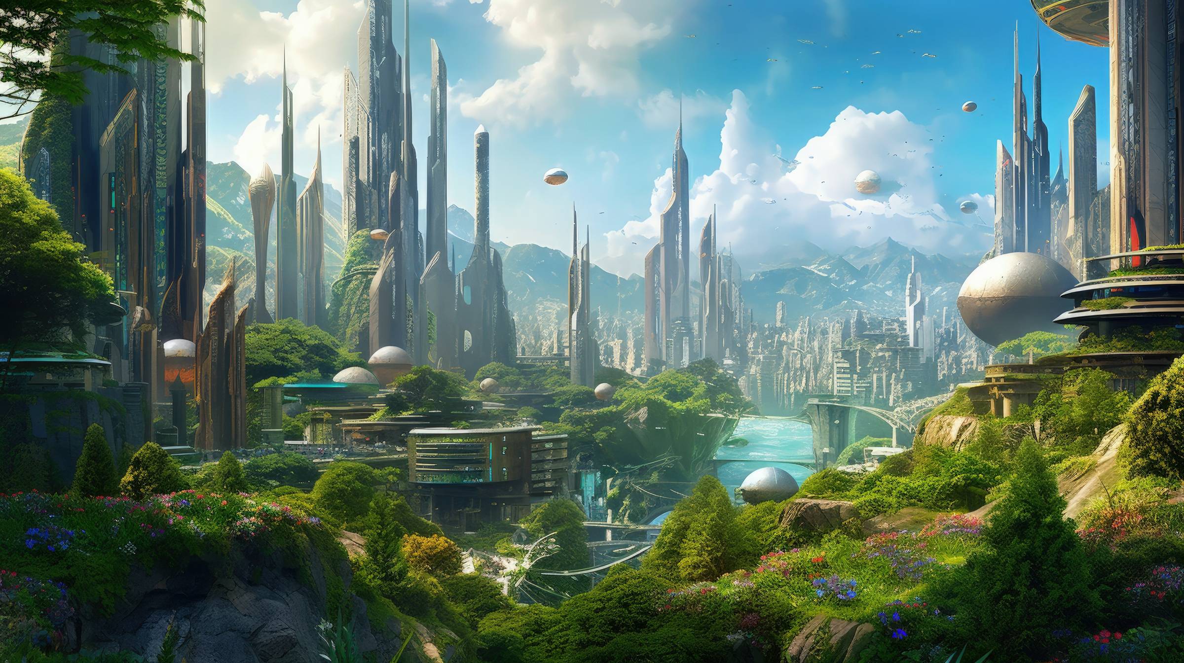 An illustration of a futuristic utopian, eco-friendly metropolis