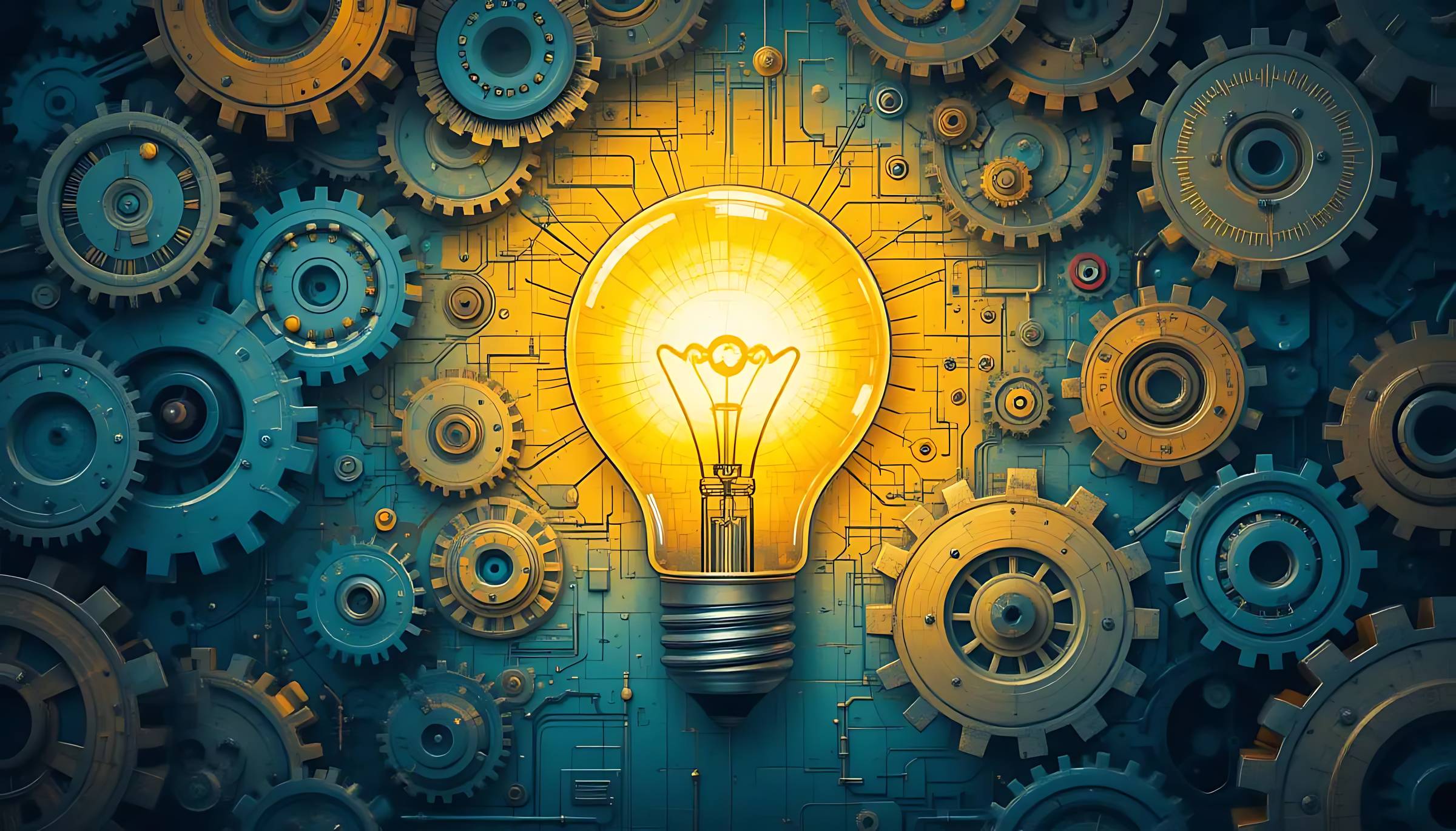An illustration of large light bulb surrounded by many connected gears of varying sizes