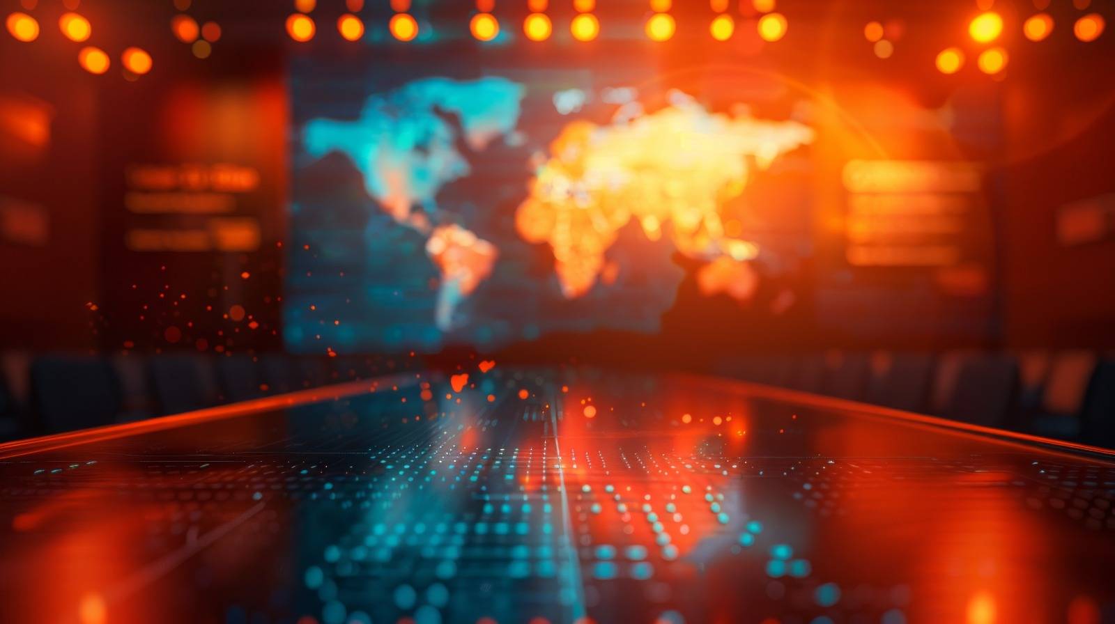 A blurred scene of digital international relations represented by a world map with red-orange and turquoise blue lights on a dark background