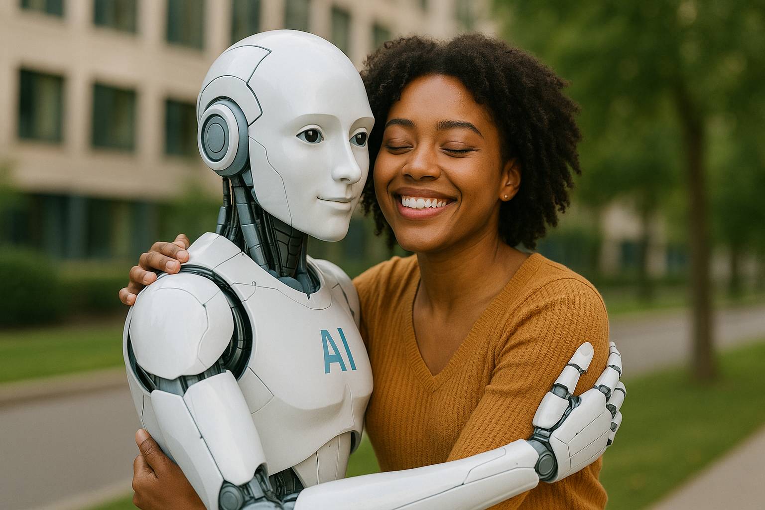 An African Woman with curly hair smiling while hugging a white humanoi