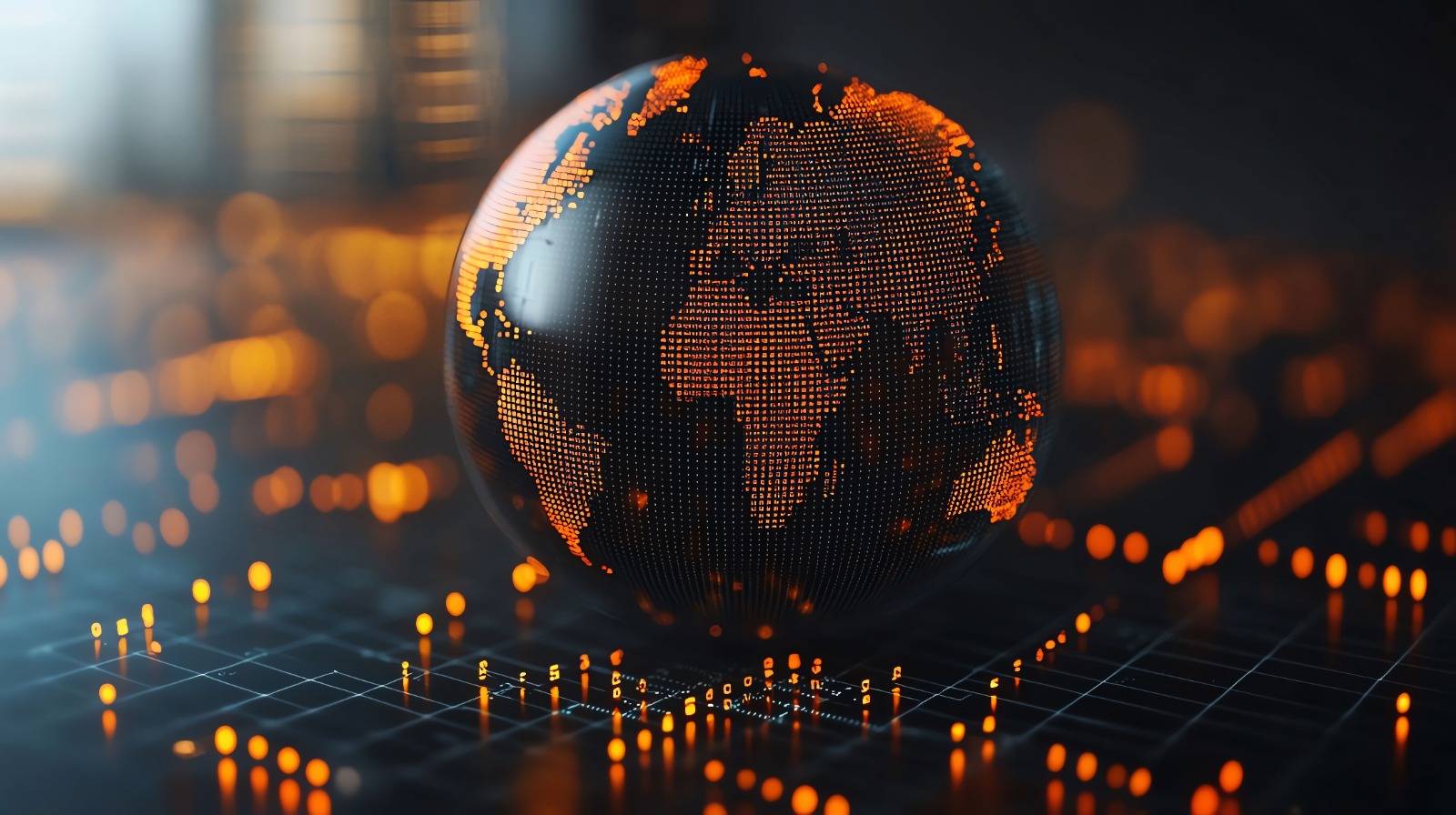 Close-up of a digital globe siting on a circuit board with orange lights representing policy impacts rippling across the continents on the globe