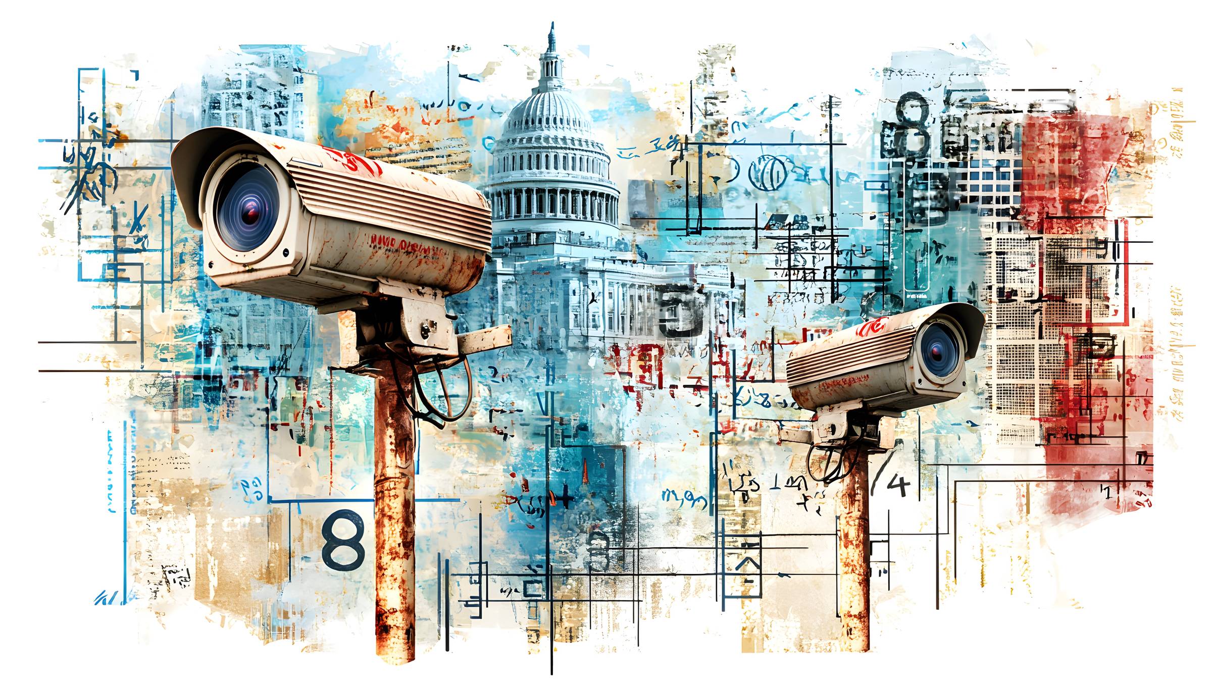 An abstract image of security cameras in front of the U. S. Capitol building on a backdrop of red and blue watercolor blobs.