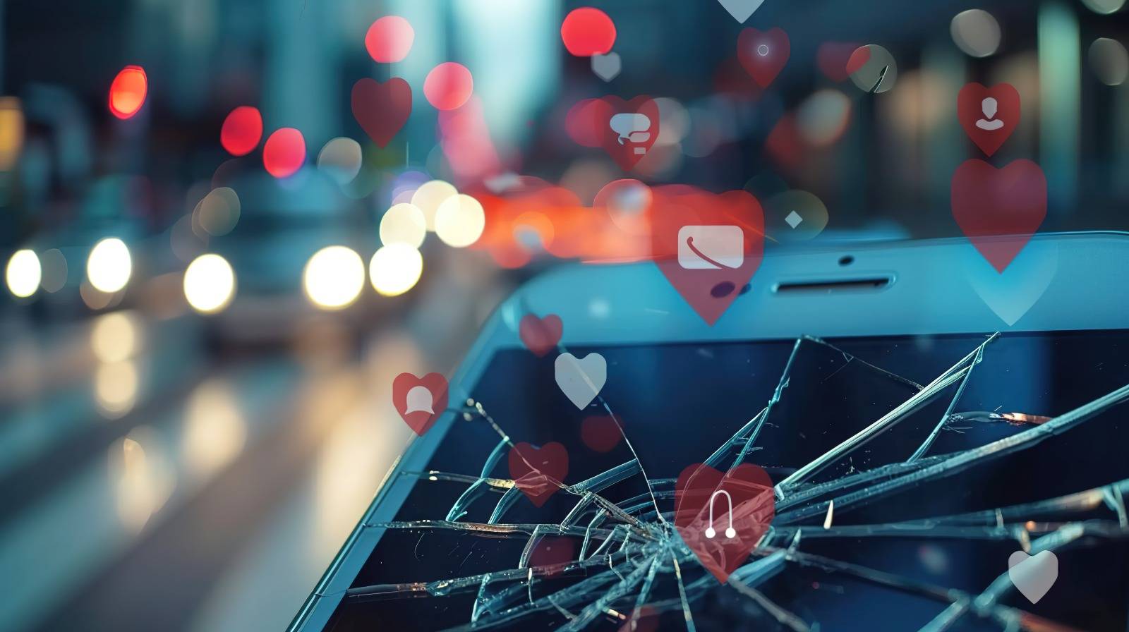 A shattered iPhone is held up against a blurry backdrop of a fast moving city