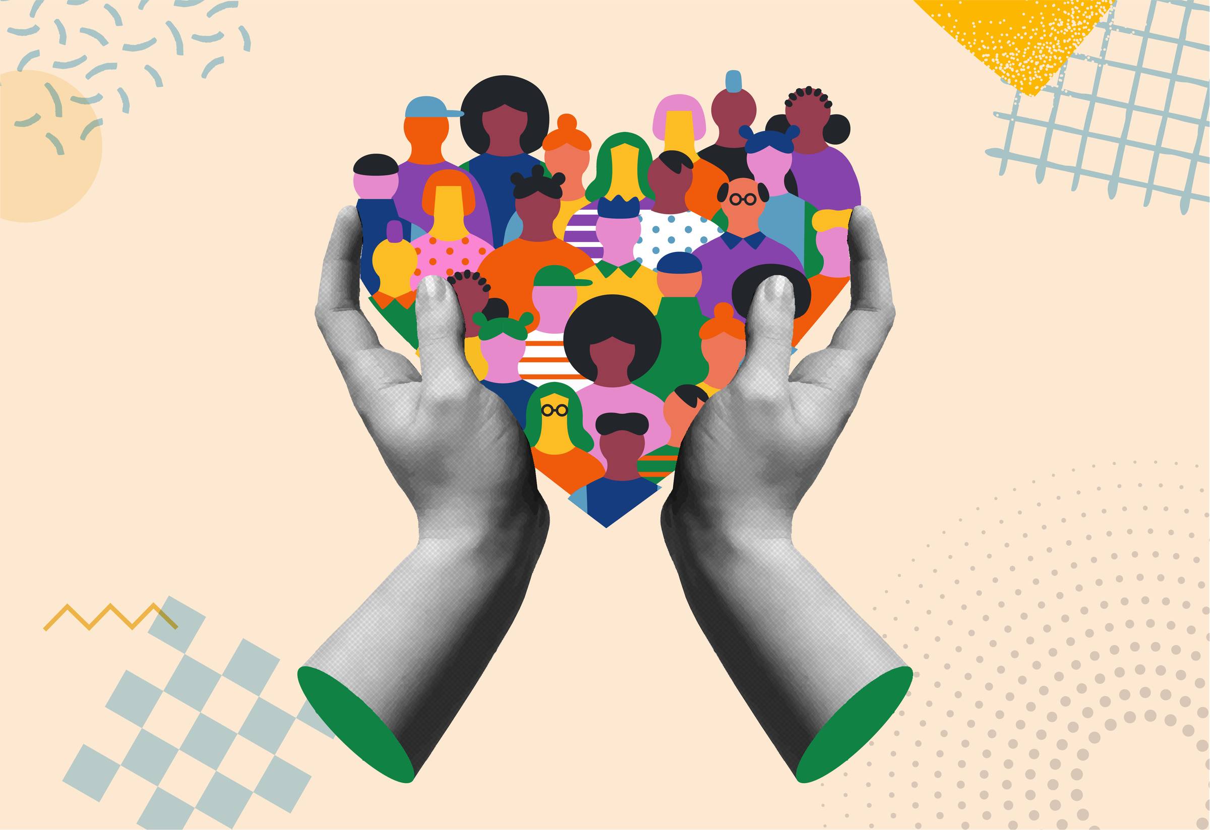 Illustration of photorealistic human hands in grayscale holding a stylized collection of diverse people in heart shape on a yellow background