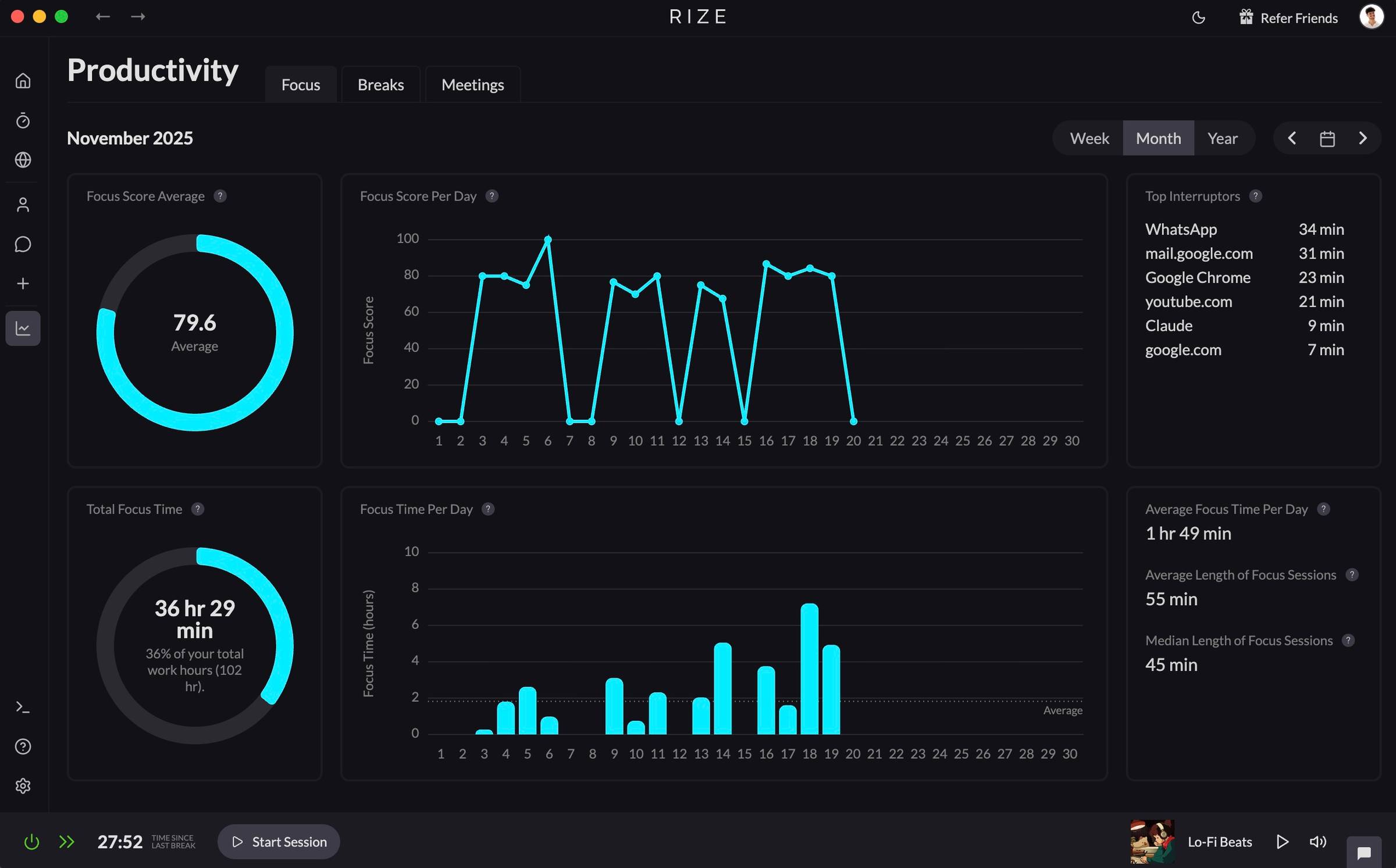 Mon dashboard Rize.io