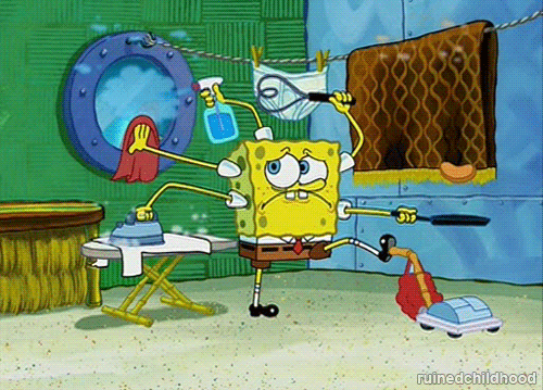 Spongebob Squarepants (A yellow animated sponge with eyes, mouth, wearing pants and shoes) juggling multiple chores, vaccuming, ironing, washing windows, cooking etc with multiple hands. 