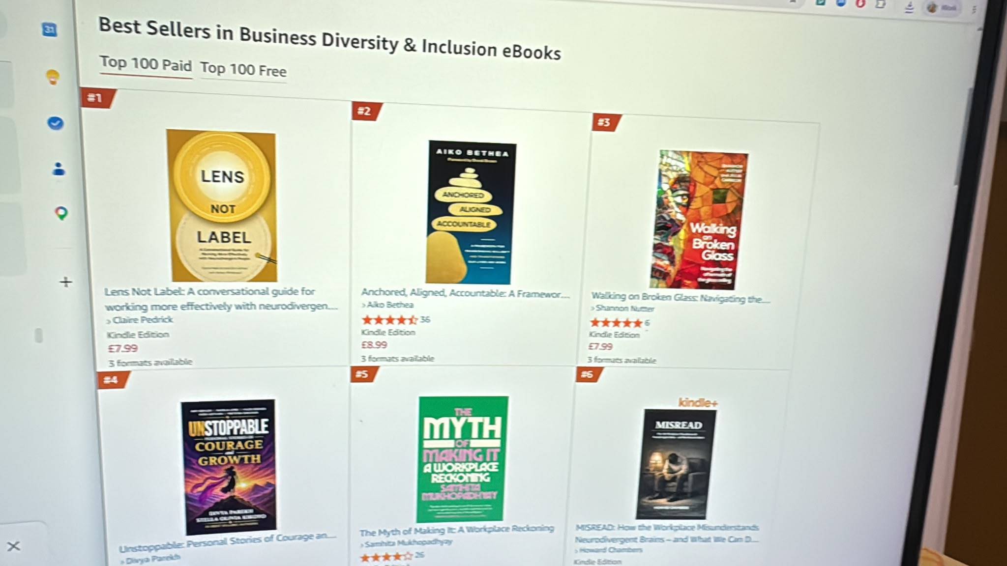 Screenshot of Amazon best seller list featuring Lens Not Label as #1 in ebooks under the Business Diversity & Inclusion category.
