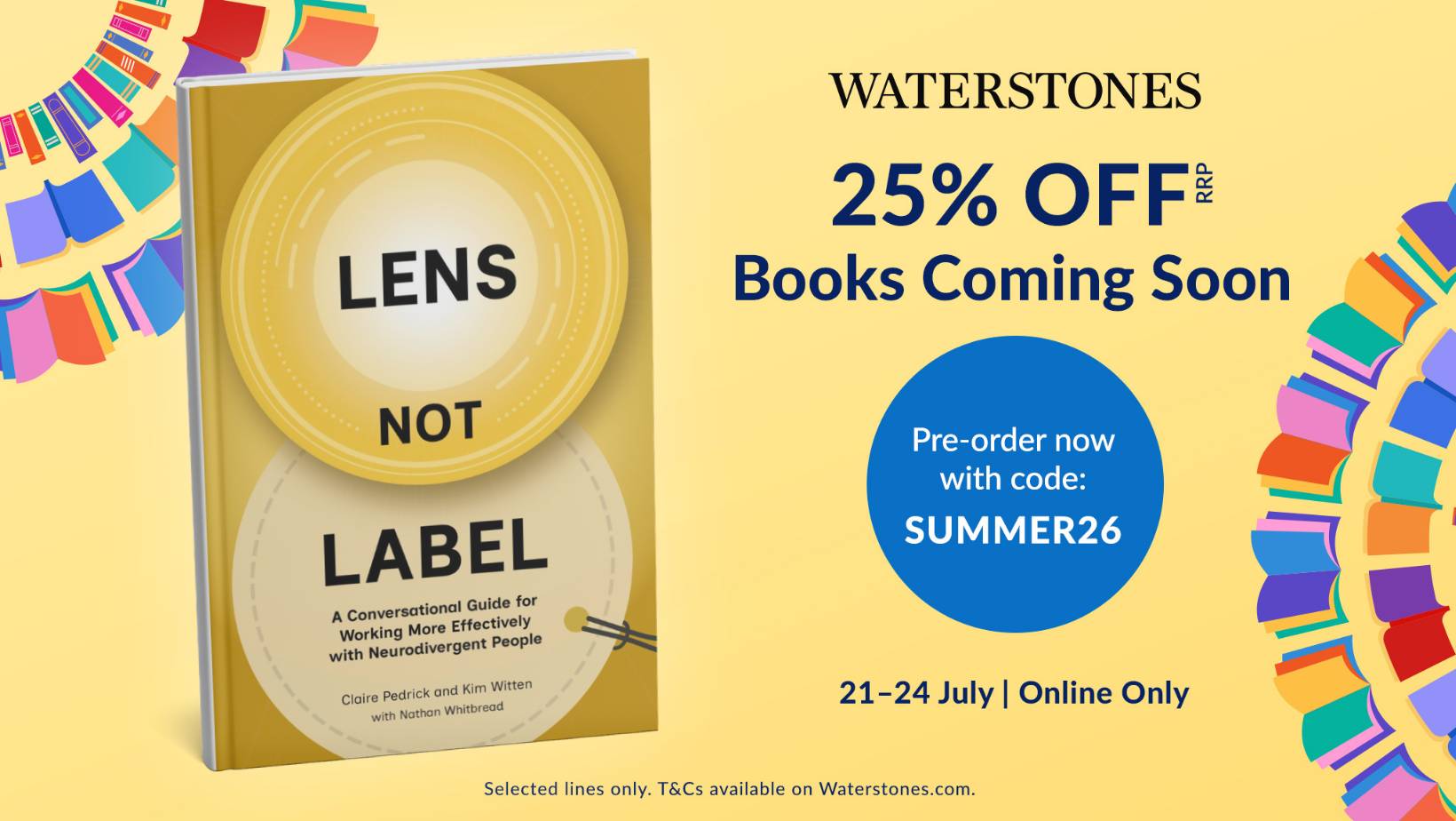 Waterstones promo card with Lens Not Label and 25% off with code SUMMER26