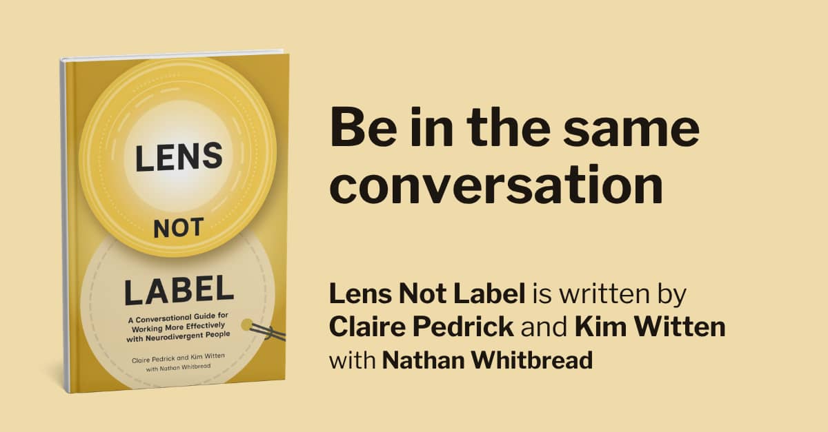 Be in the same conversation. With Lens Not Label book mockup and author info.