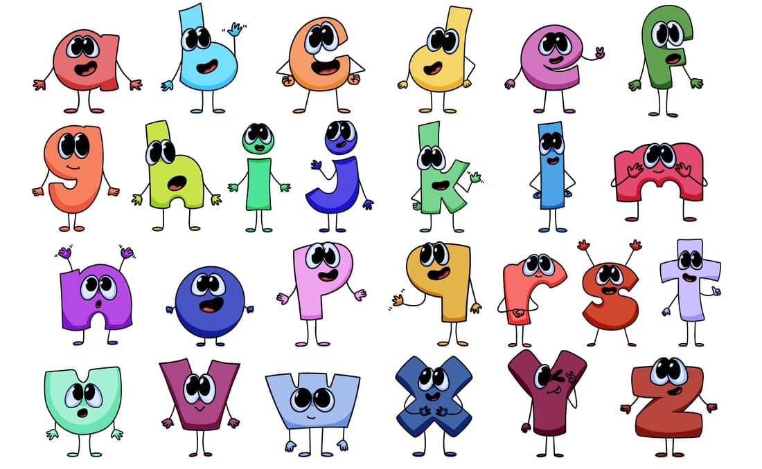 Illustration of the lowercase letters of the alphabet, each designed with cartoonish faces, limbs, and expressive poses. The letters are colorful and arranged in four rows, displaying personality and charm through their animated features.
