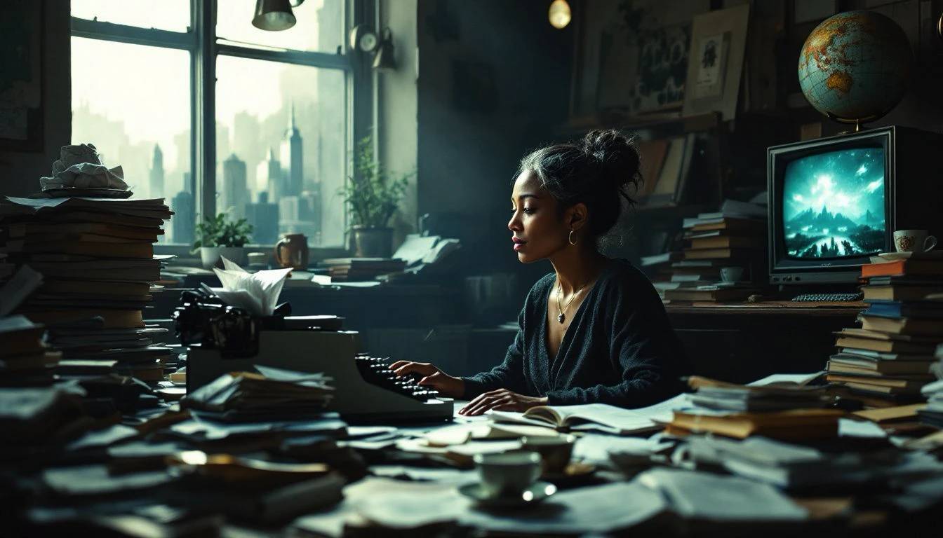 A professor sits at a cluttered desk, surrounded by stacks of journal articles.