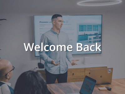 Graphic reads "Welcome Back" with an image of the author.