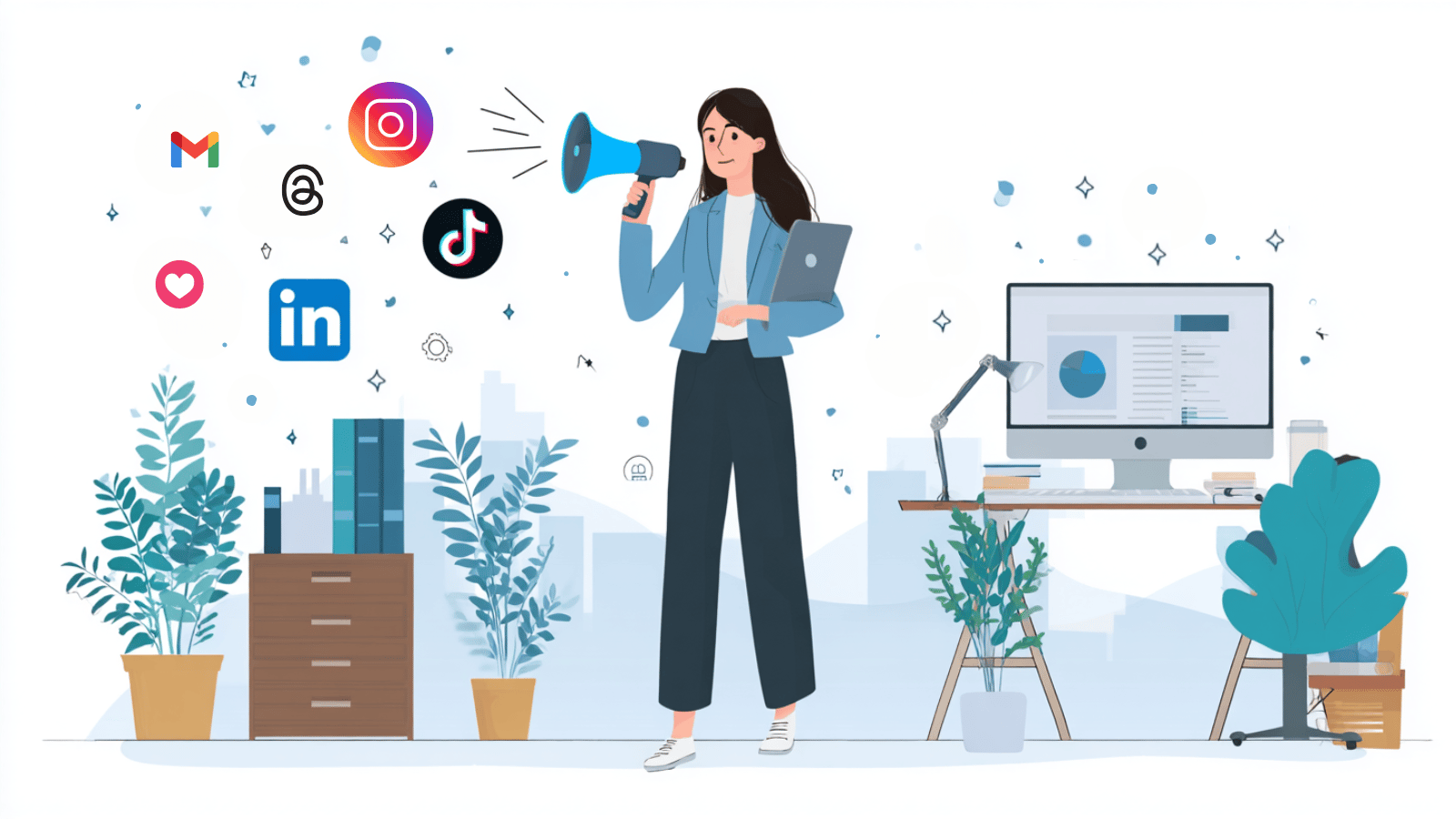 An image of a woman in a home office holding a megaphone. Next to her are social media icons e.g. TikTok, Instagram, LinkedIn, Gmail.