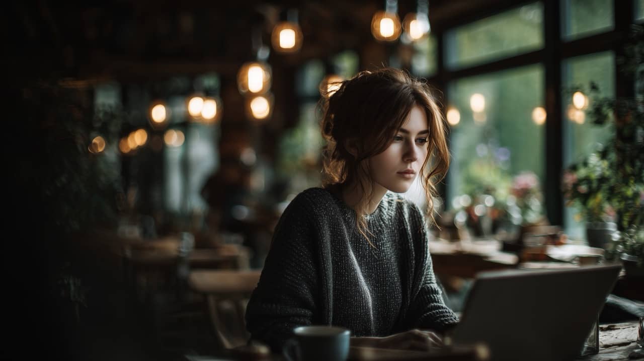 Image of a woman working in a dimly-lit cafe.