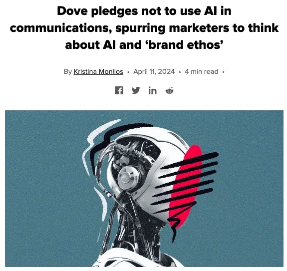 Image of a Digiday article headline about Dove not using AI