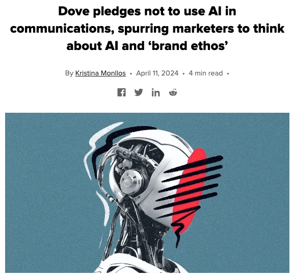 Image of a Digiday article headline about Dove not using AI