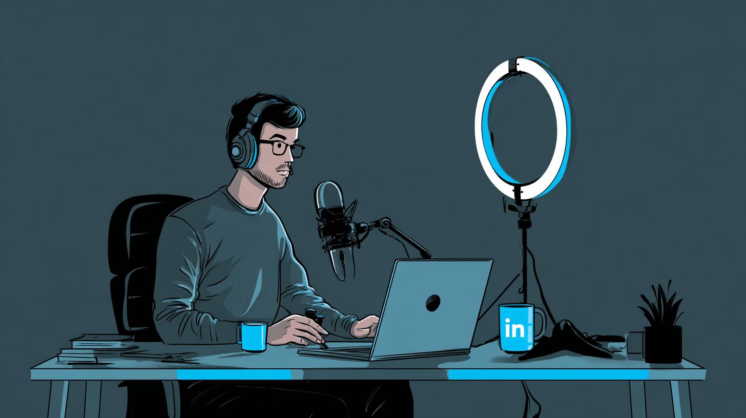 An illustration of a man recording a podcast video. His mug has a LinkedIn logo.