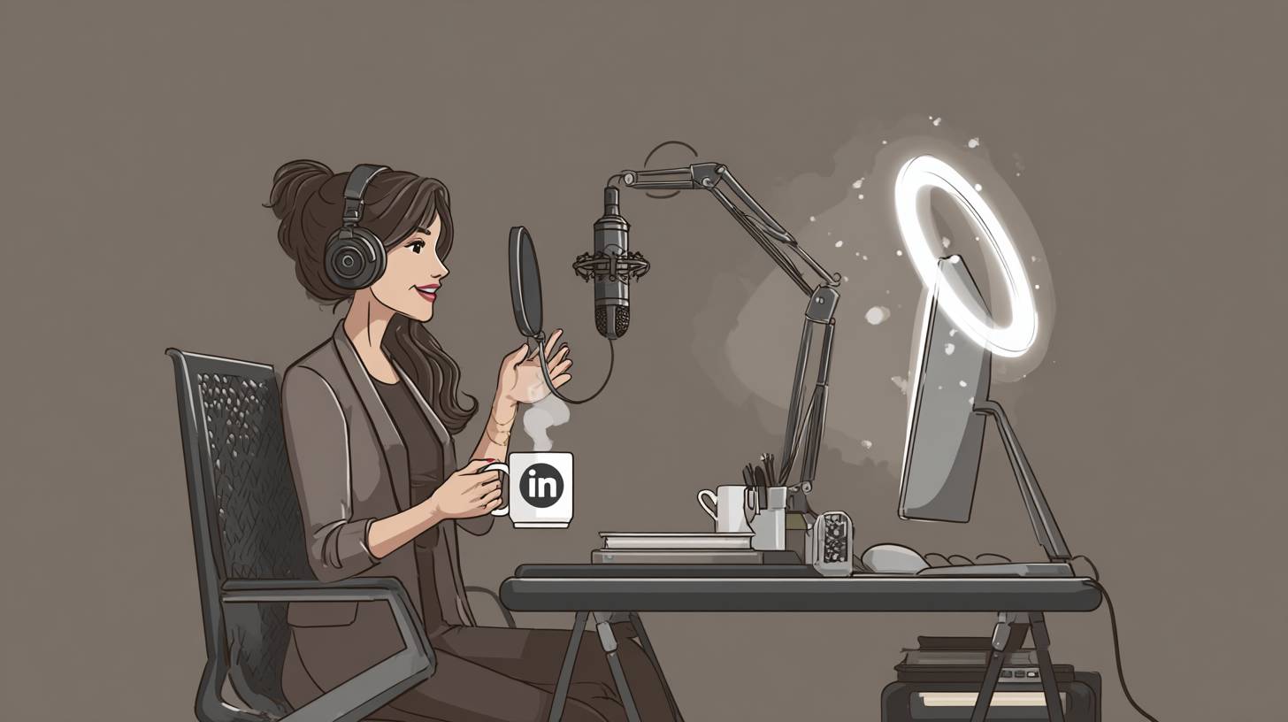 An image of a woman recording a podcast episode while holding a mug with the LinkedIn logo on it.