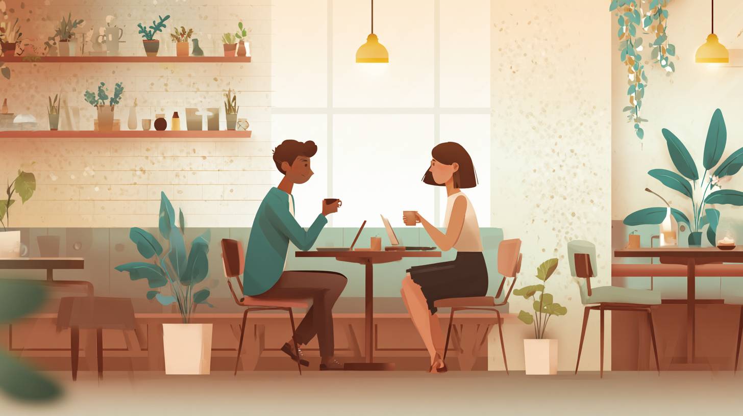 Two people sit across from each other in a cafe enjoying conversation and coffee. Open laptops sit on the table between them.