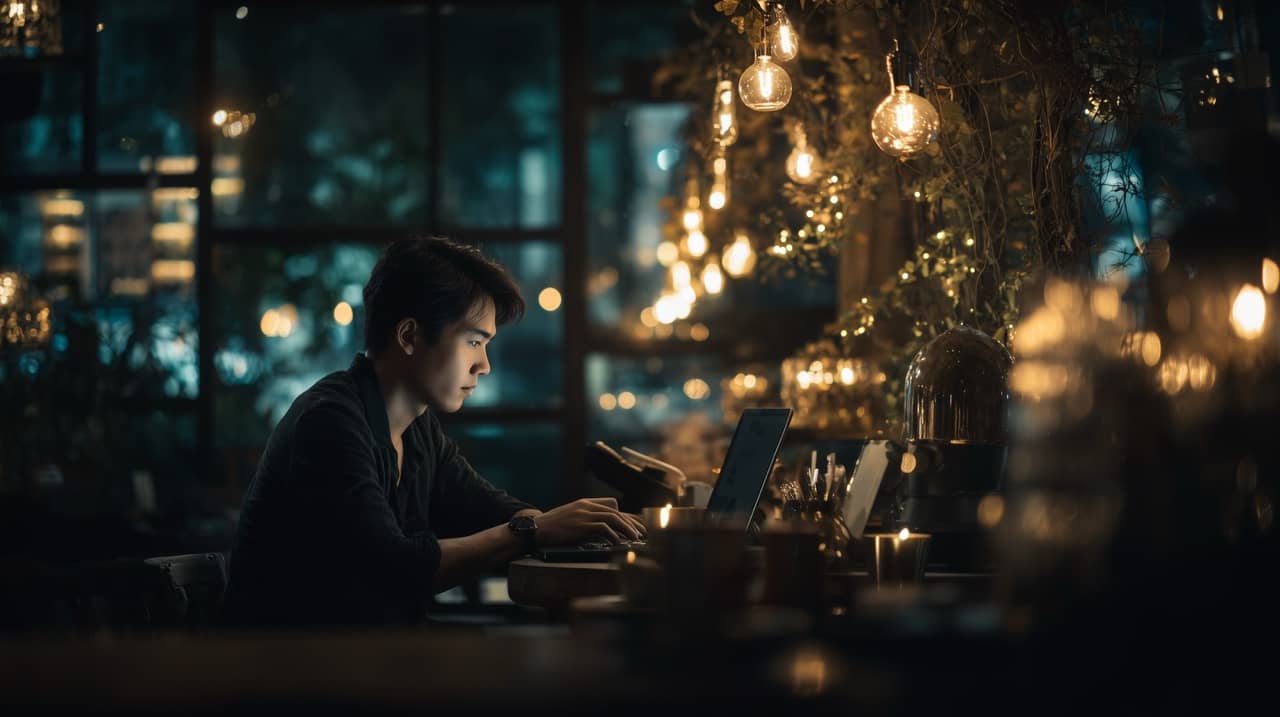 Image of a man working in a dimly lit cafe.