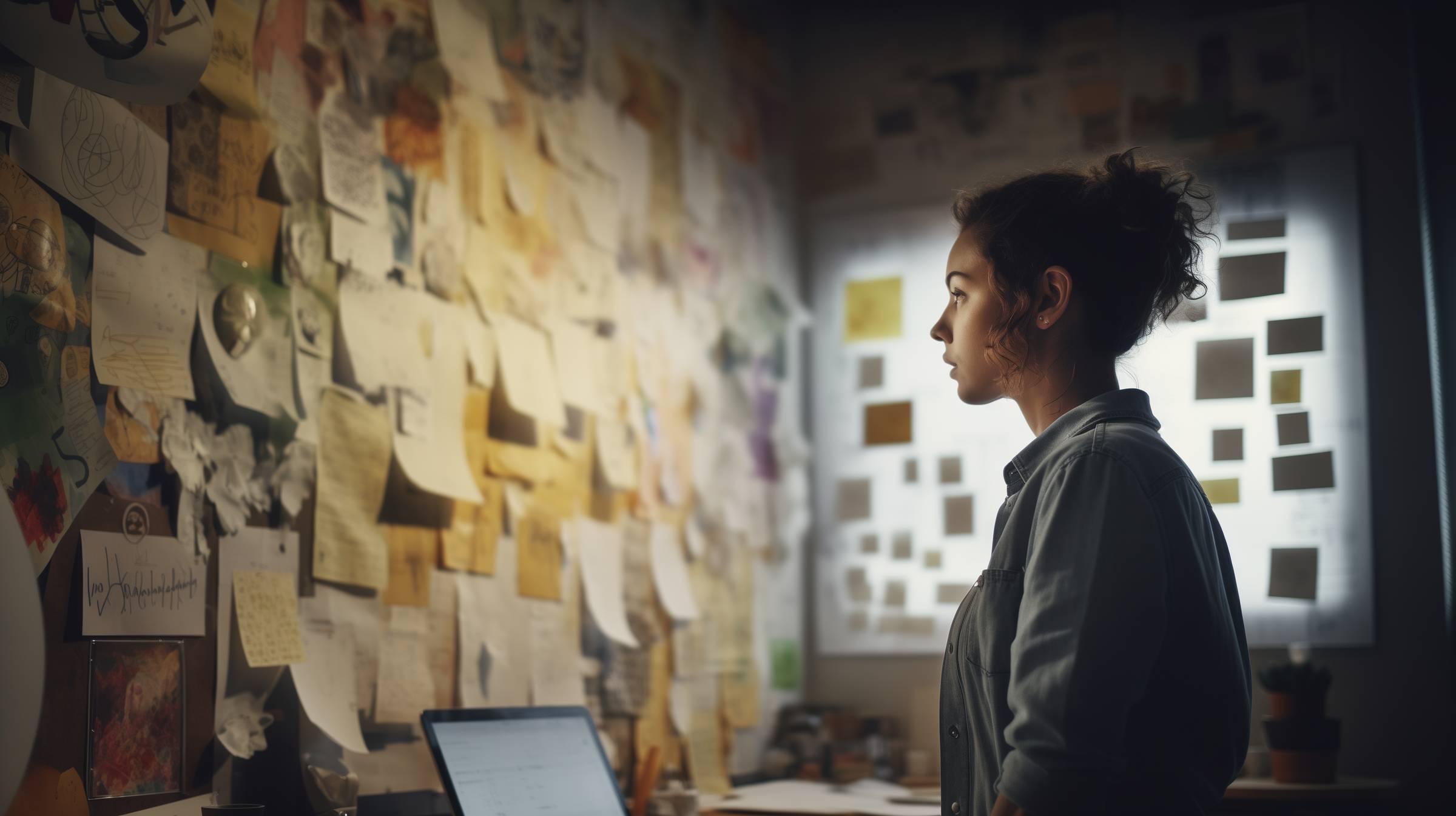 An image of a woman creative brainstorming with sticky notes on the walls around her desk.