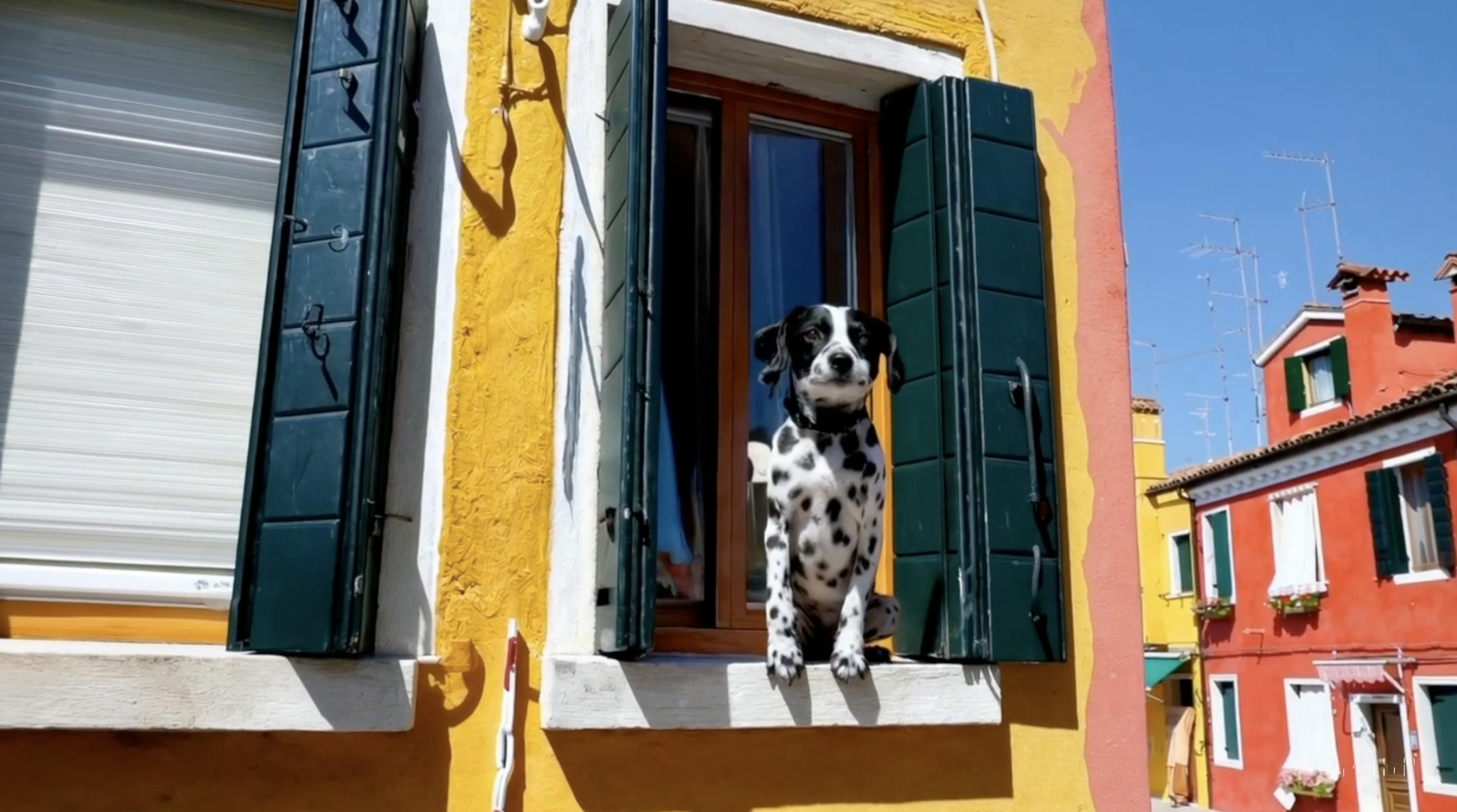 Image of a dalmatian looking out a window.