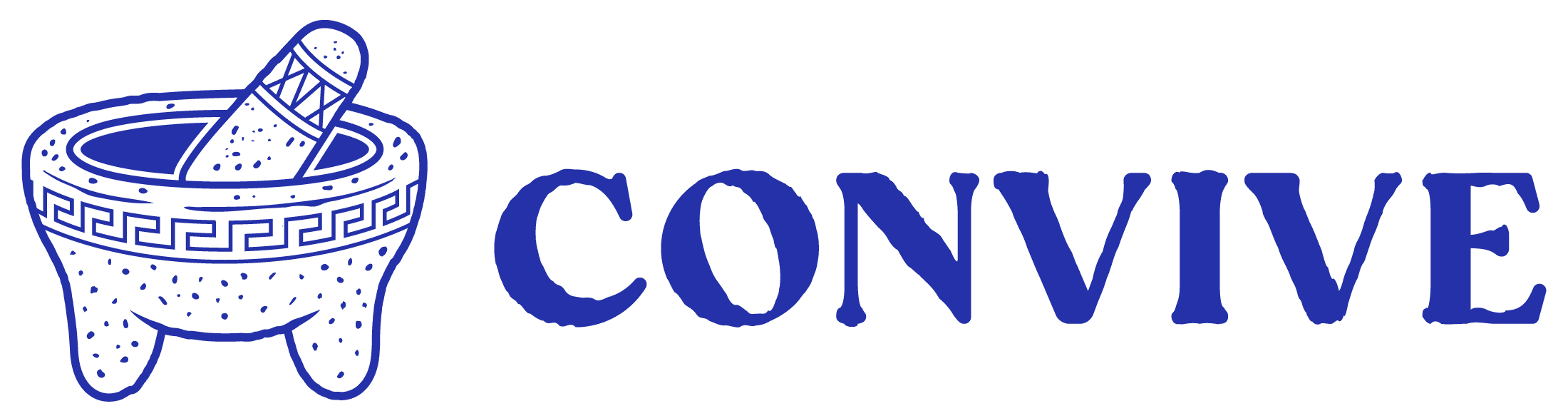 Logo de Convive: un molcajete con tejolote dibujado a mano, con grecas alrededor del tazón, junto a la palabra CONVIVE en azul.