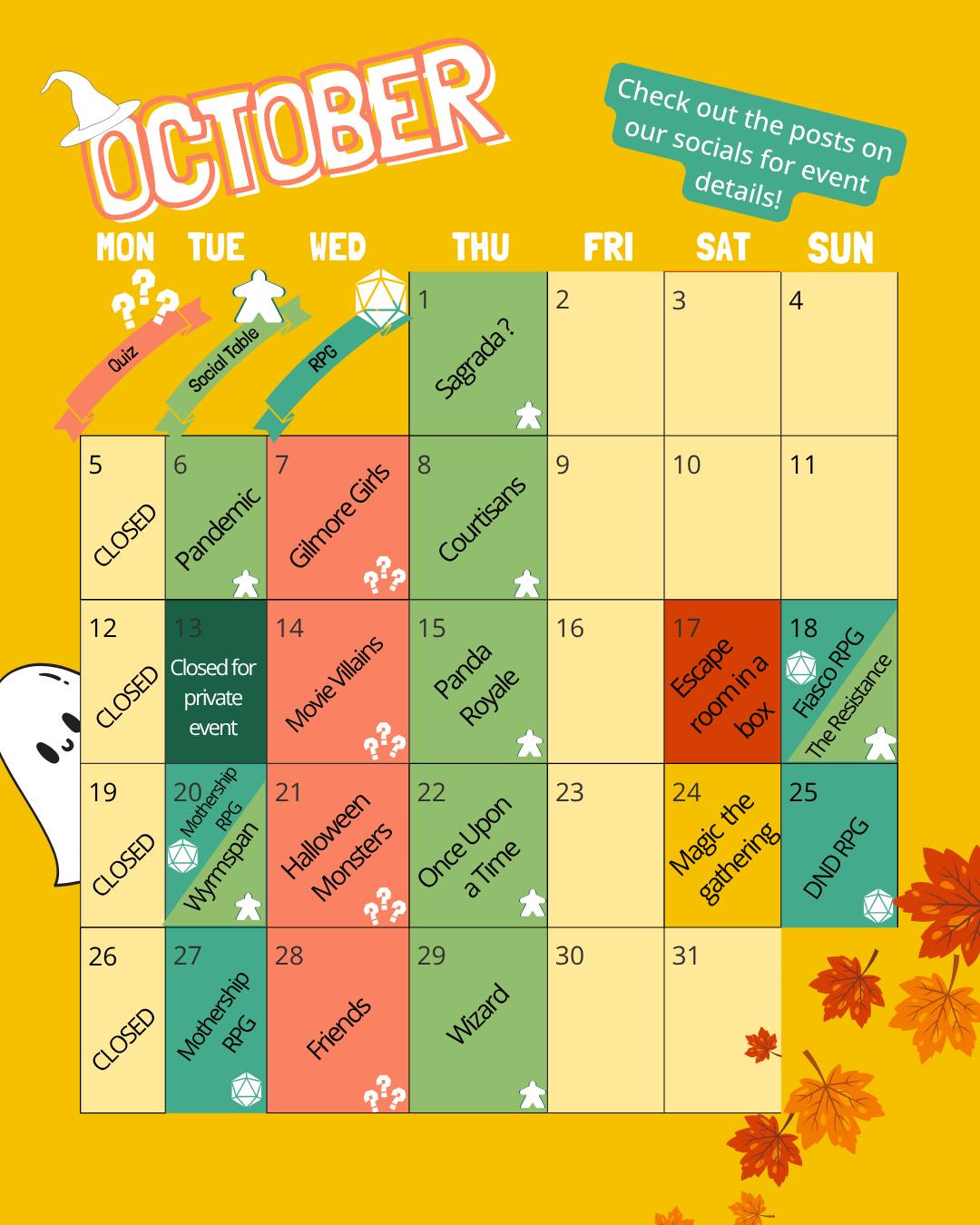 A monthly view of the events happening at Brads spelcafe