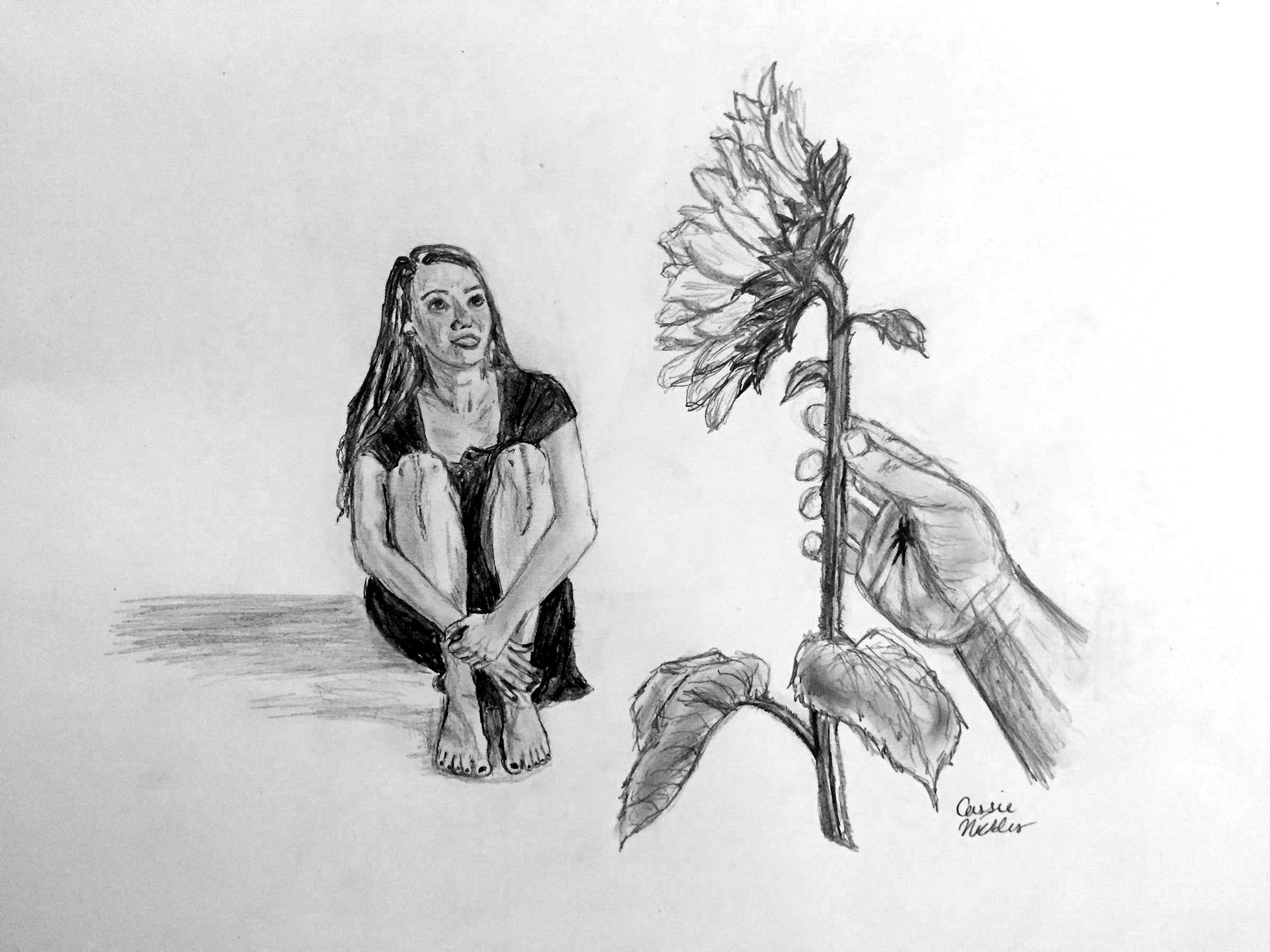 Cassie's self-portrait looking at a scarred hand holding a sunflower out for her.