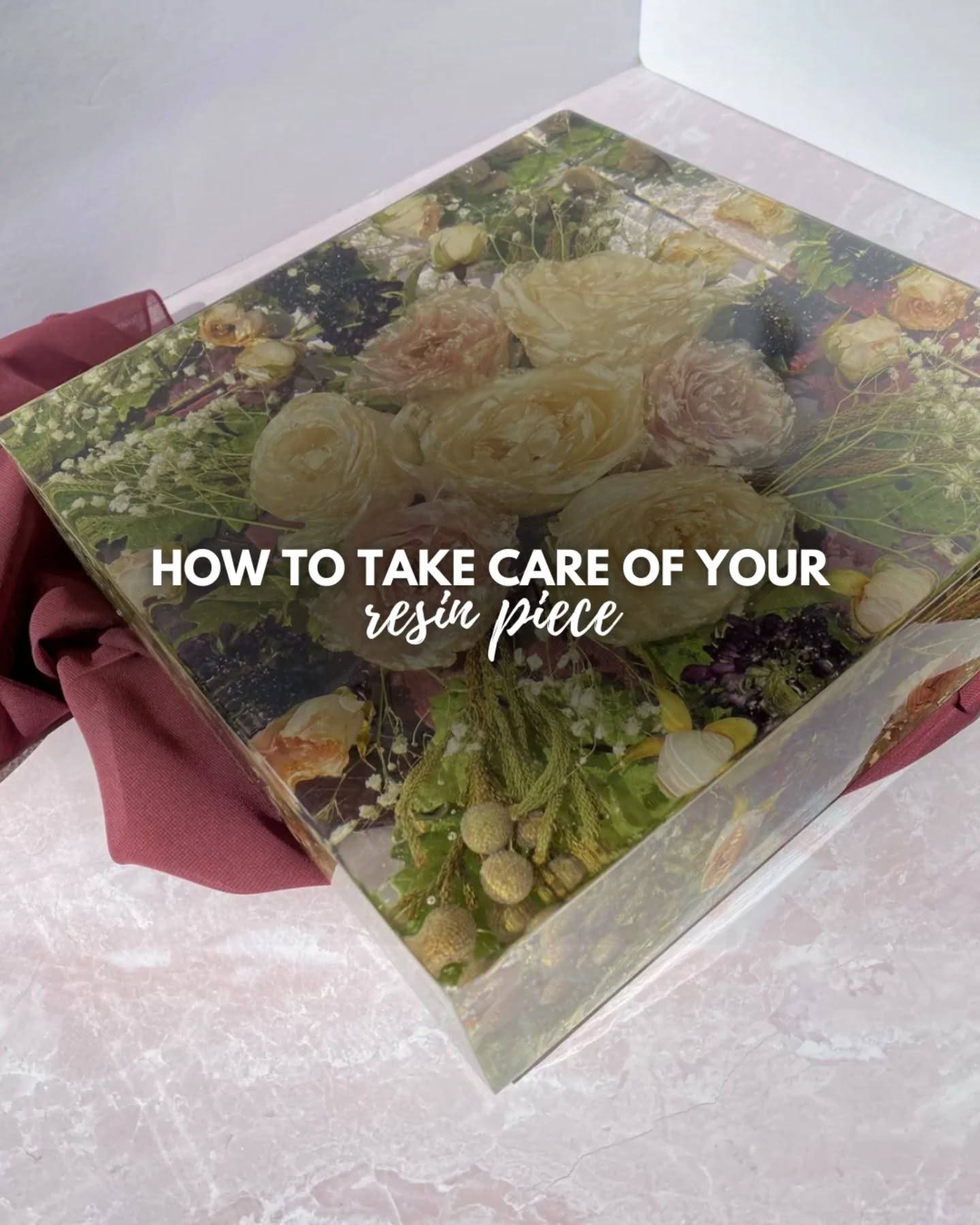 Here are the basic care tips to keep your resin piece looking its best.

They’re easy to follow and help your keepsake last longer.

If you have questions, DM me anytime. I’ll be happy to guide you.

#floralkeepsake #flowerpreservation #bouquetpreservation #preservedflowers #resinkeepsake #designsbymaha