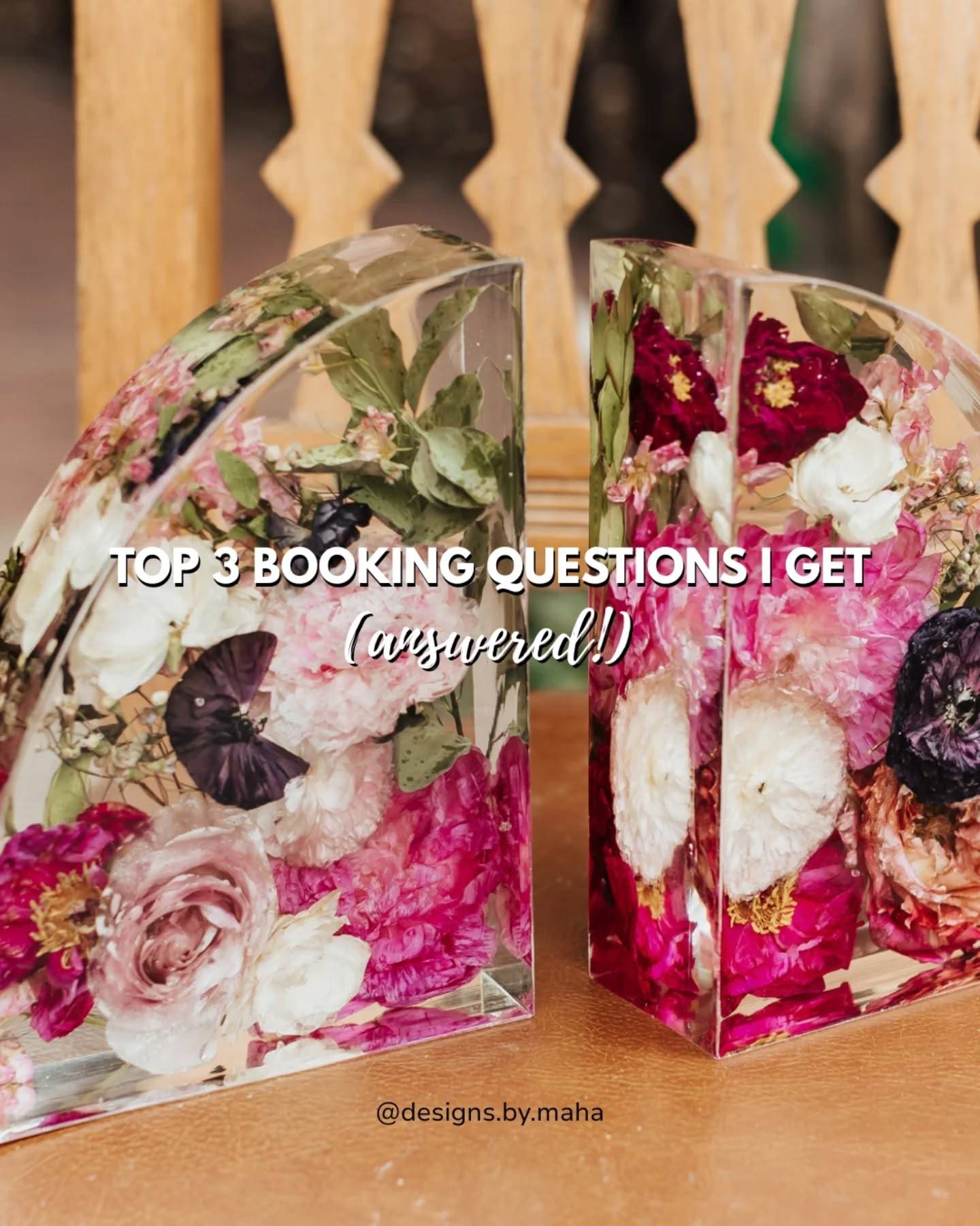 Getting a lot of the same questions lately and I get it! Booking a flower preservation keepsake isn’t something you do every day.

Here are 3 of the most common booking FAQs I receive (and why they matter).

Have more questions? Or ready to book?
Send me a DM or check out the full FAQ guide linked in my bio

#flowerpreservation #bouquetpreservation #faqs #resinkeepsake #resinartist #designsbymaha
