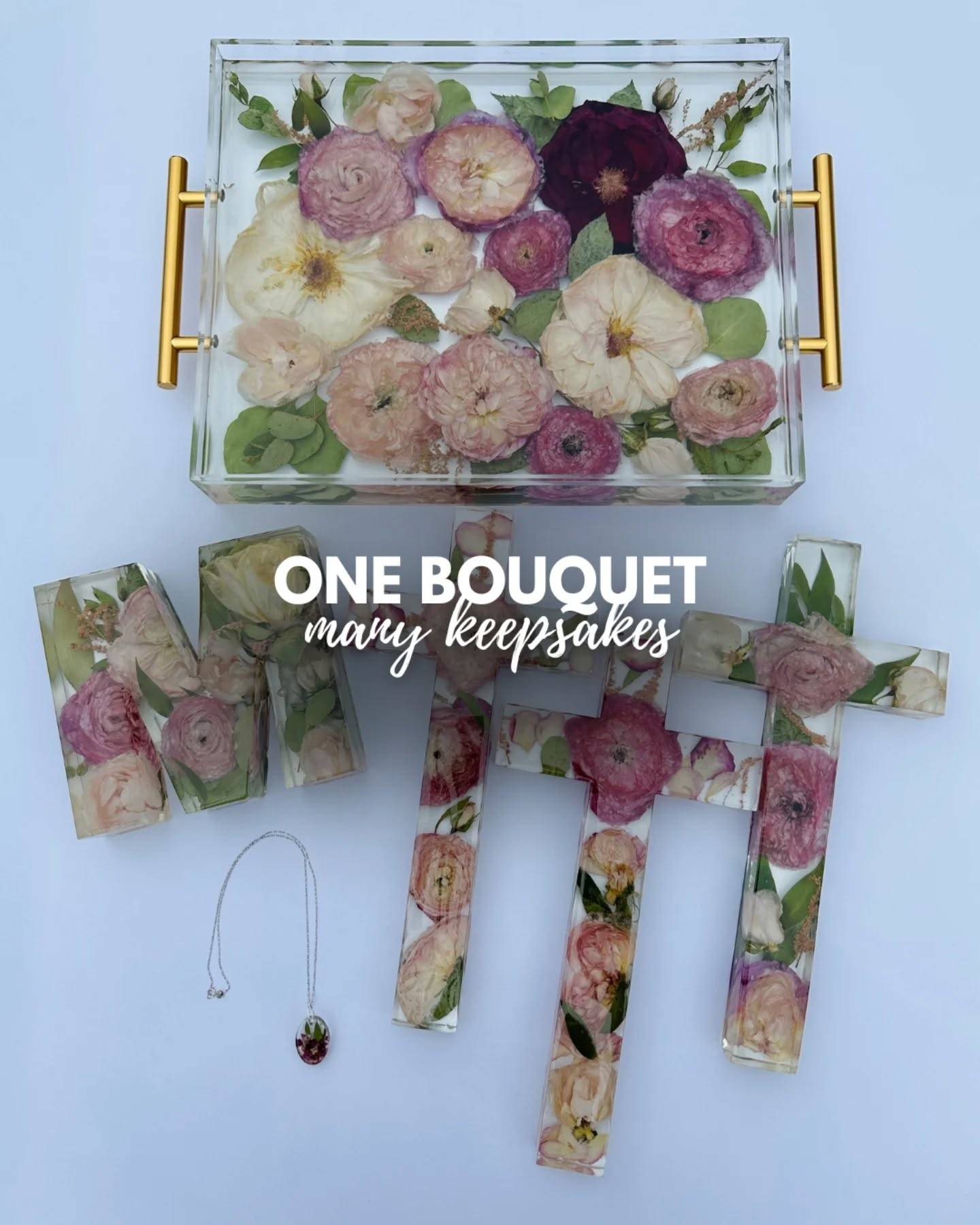 One bouquet doesn’t have to become just one keepsake.

From a single set of flowers, we can create different pieces (blocks, ring holders, coasters, and more) all from the same blooms.

It’s a simple way to keep the memory, without needing extra flowers.

Save this for reference, or view finished pieces in our portfolio through the link in our bio 🤍