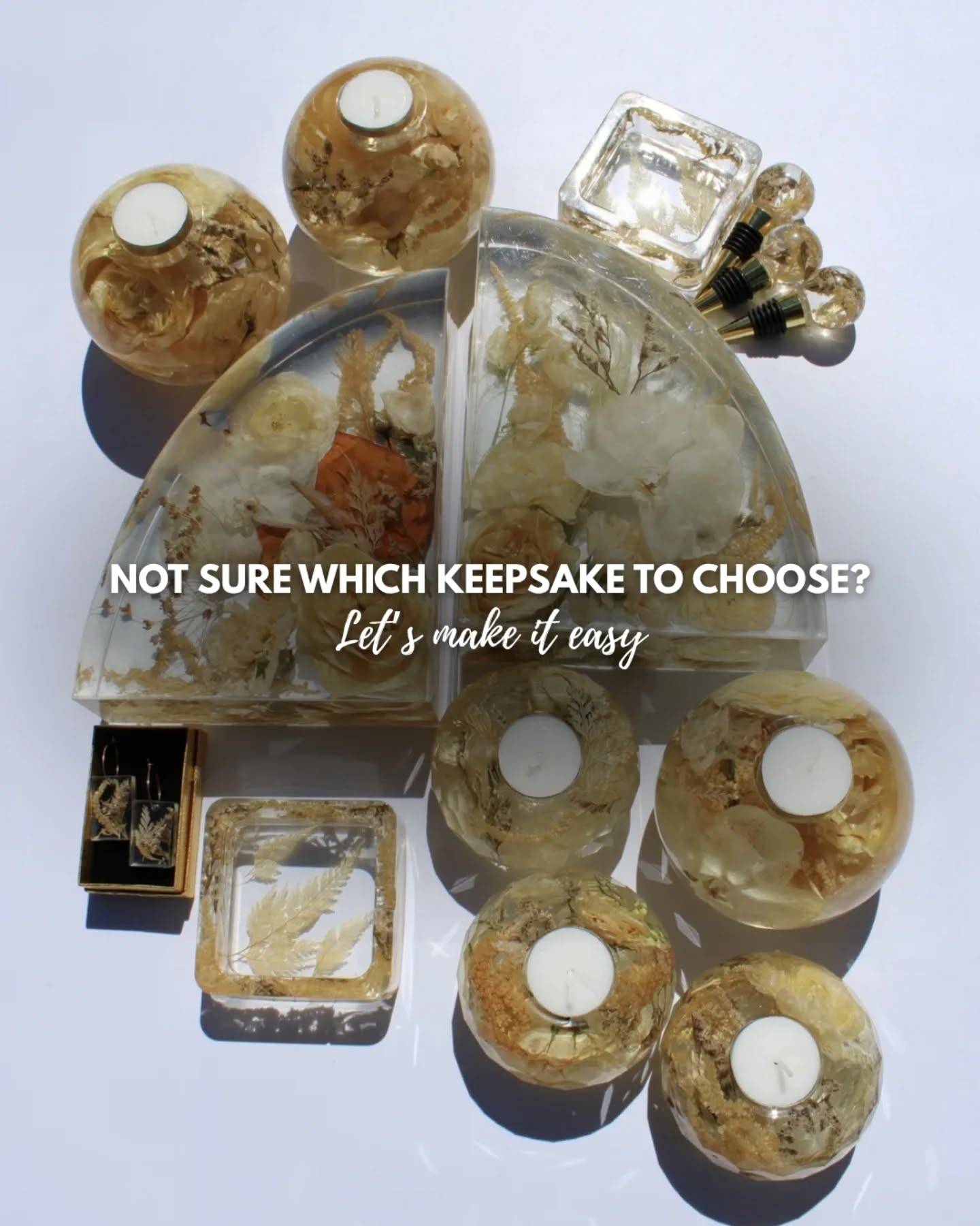 Not sure which keepsake to choose? You’re not alone. It’s one of the most common questions we get! 

Here’s the secret: the best keepsake depends on your flowers, bouquet size, and design style. 

No two arrangements are alike and that’s what makes your keepsake so special.

Save this post for when it’s time to choose your keepsake.
#flowerpreservation #bouquetpreservation #resinkeepsake #resinart #designsbymaha