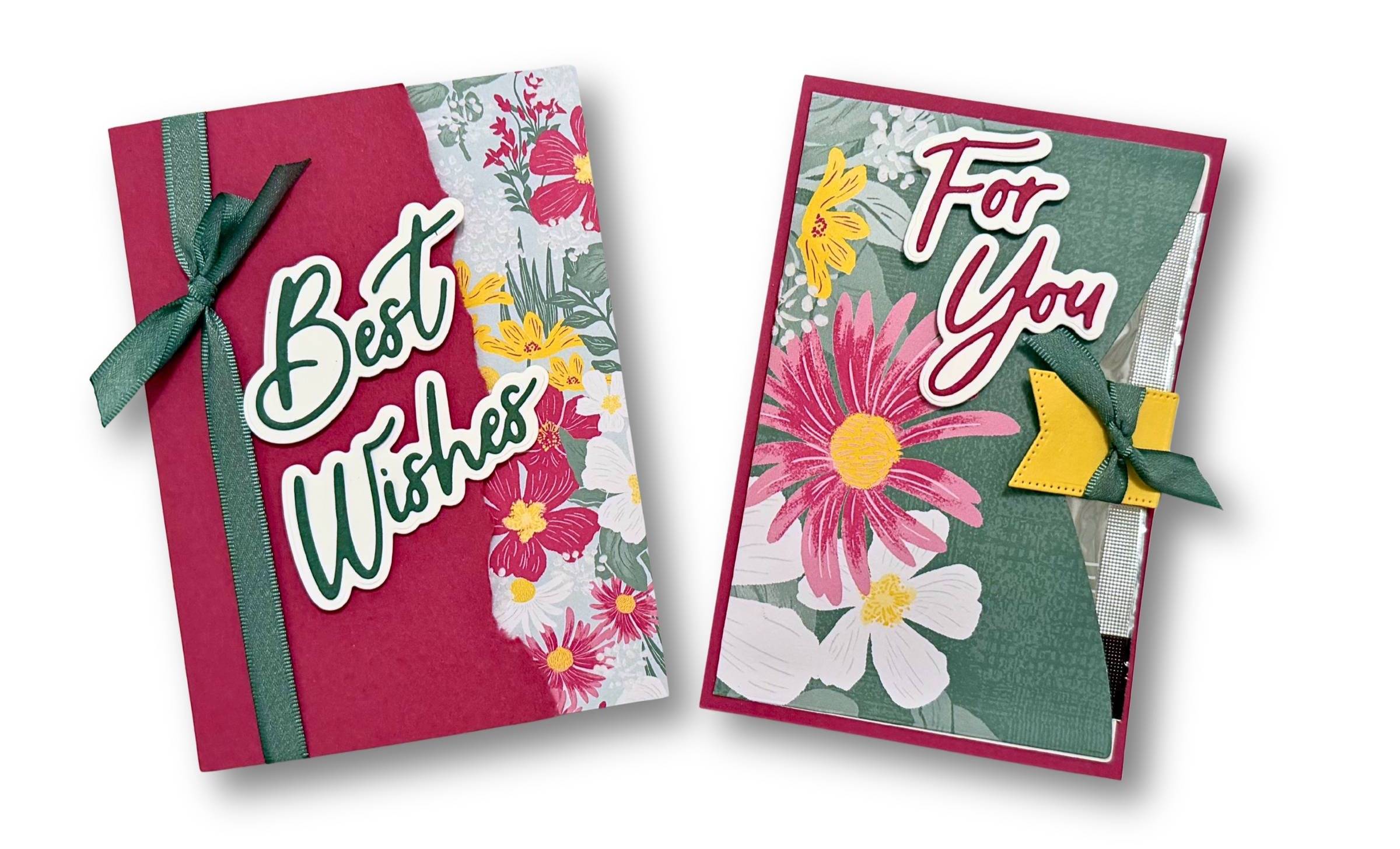 Handmade card featuring Velvet Meadow Specialty Paper, Berry Burst cardstock, Peaceful Pine ribbon and a layered die-cut sentiment.