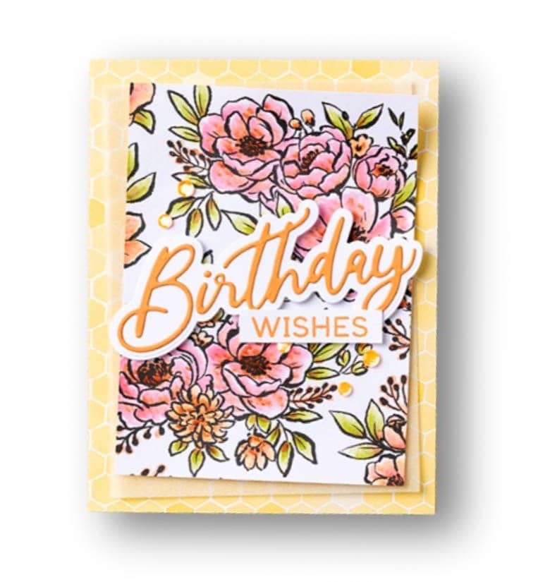 Handmade Birthday Wishes card with softly coloured flowers on black-and-white patterned paper