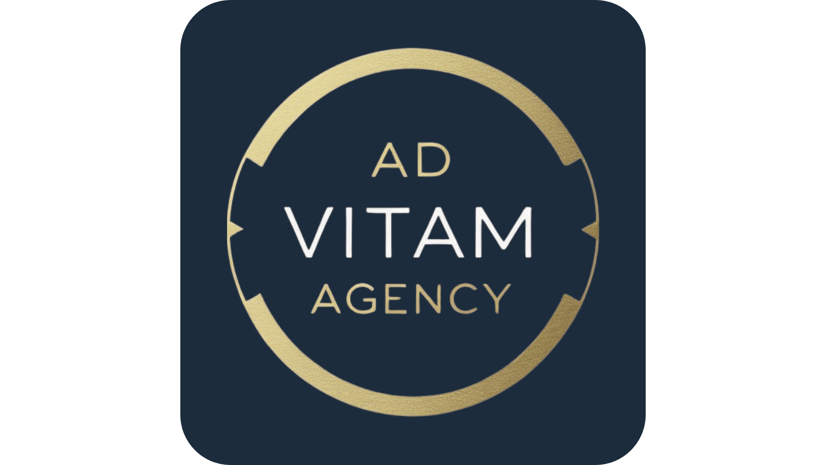 An abstract clean circle in gold against a rounded square background in muted dark blue with the words Ad Vitam Agency inside the circle.