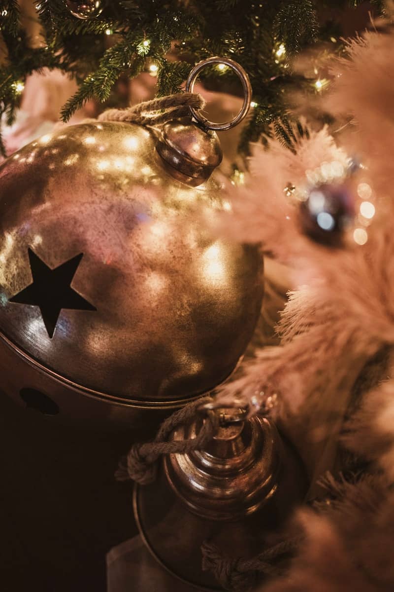 Close-up of rustic christmas tree ornaments with lights