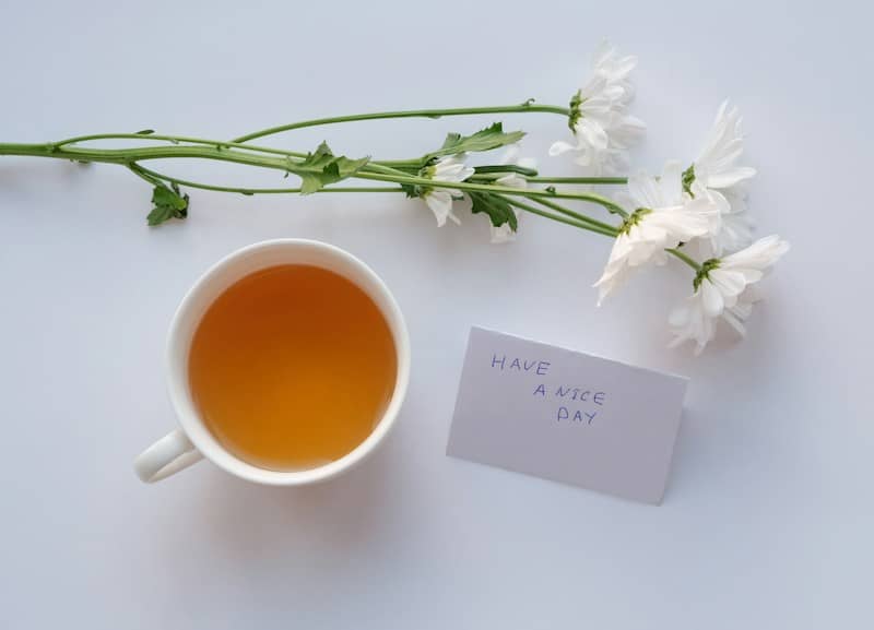 A cup of tea, white daisies, and a note reading "HAVE A NICE DAY"