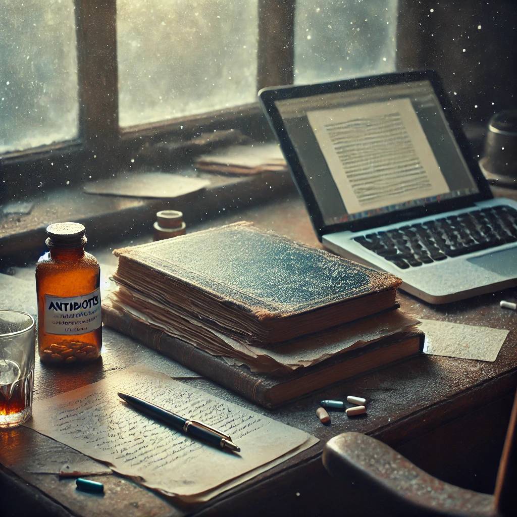 A dusty wooden desk bathed in soft winter light, holding a closed laptop, a stack of unfinished handwritten manuscripts, a pen, and a bottle labeled 'antibiotics' beside an empty glass. Faint dust particles float in the air, suggesting time passed and pau