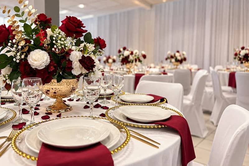 A formal table setting with red and white roses in a gold vase at a wedding reception