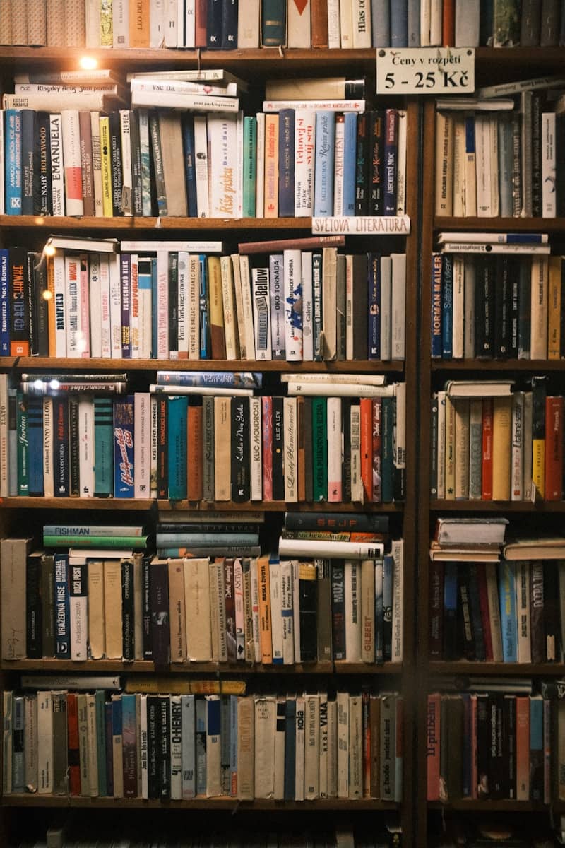 A wall of bookshelves filled with many books.