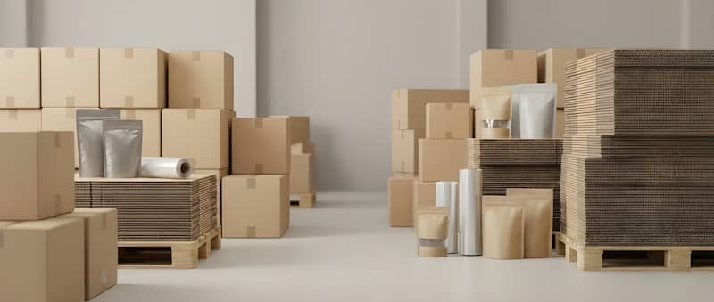 Cardboard boxes and packaging supplies in a warehouse.