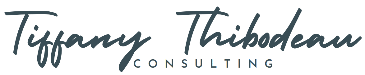 Text in dark green reads, “Tiffany Thibodeau Consulting.” The first and last name are written with a cursive font, while “Consulting” is written in print below.