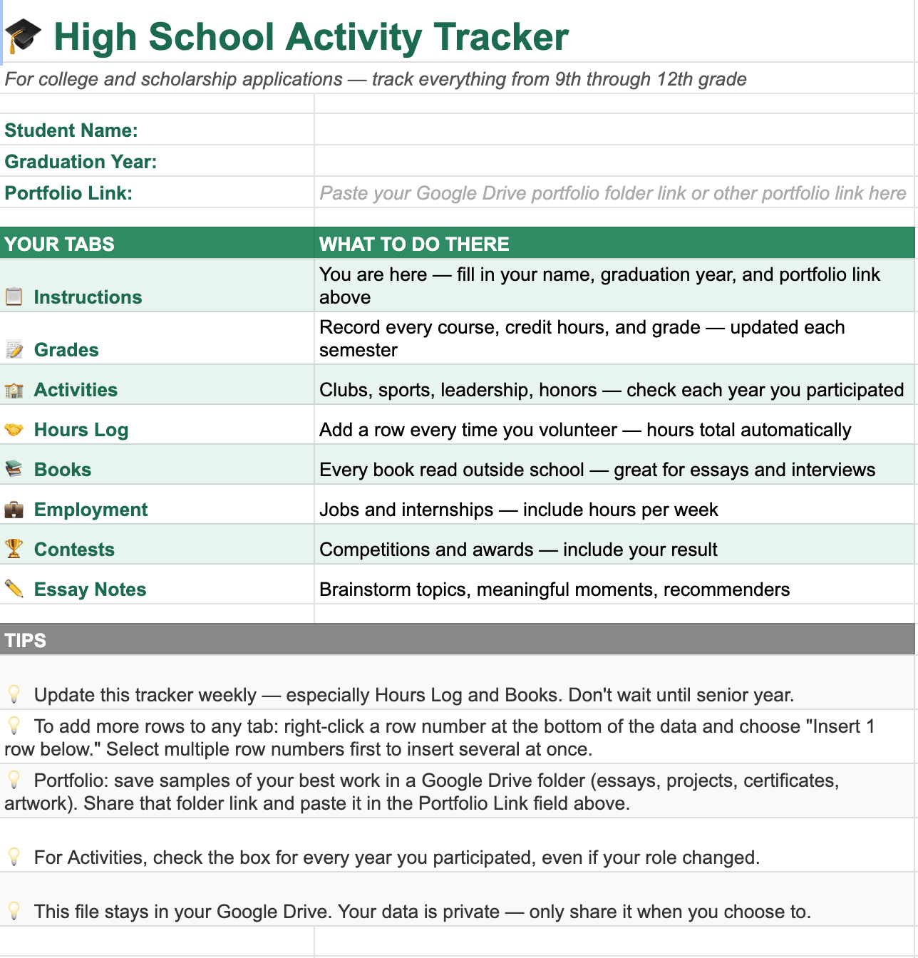 First tab of the scholarship tracker with general info