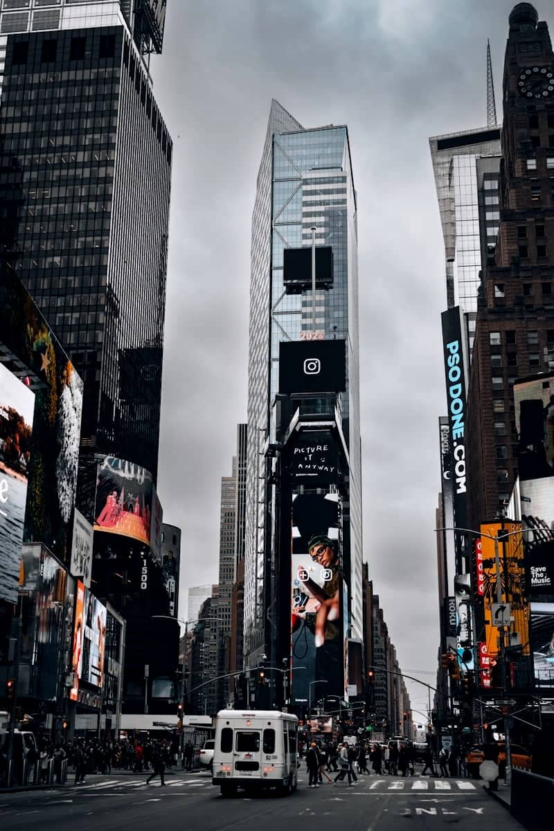 New york city street with tall buildings and billboards