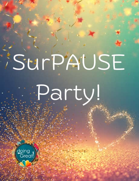 text: "SurPAUSE Party" with celebratory background